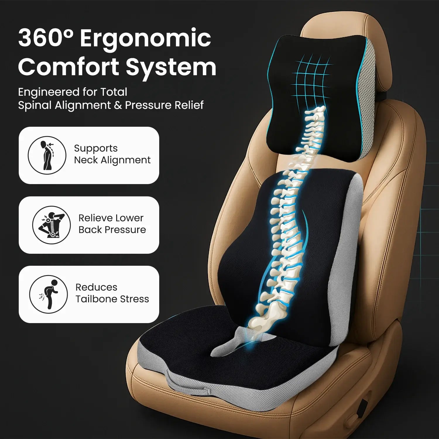 Car Neck Rest, Lumbar Backrest, & Coccyx Seat Cushion