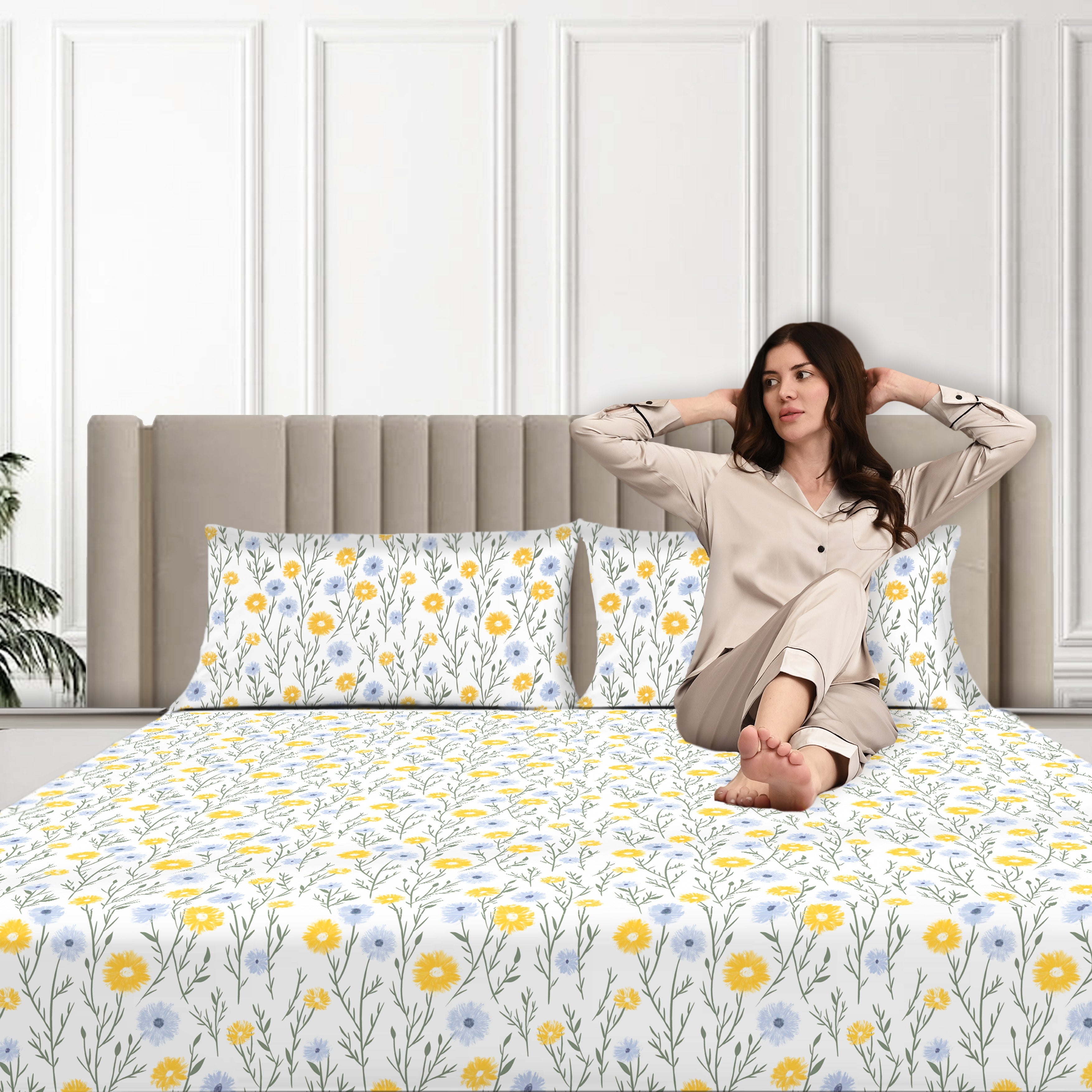 Ditsy Florals, 100% Cotton Double Bedsheet, 180 TC with 2 Pillow Cover