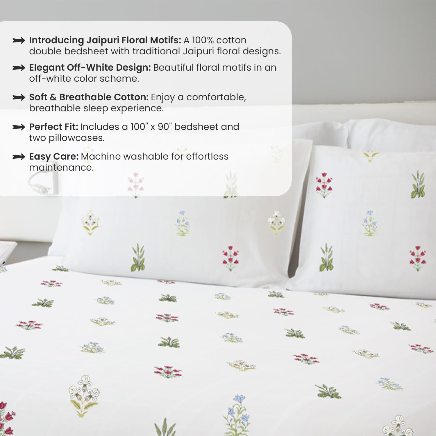 Jaipuri Floral Motifs and Palm Tree Jaipuri Maze in Ivory Queen Size Bedsheet (Combo)