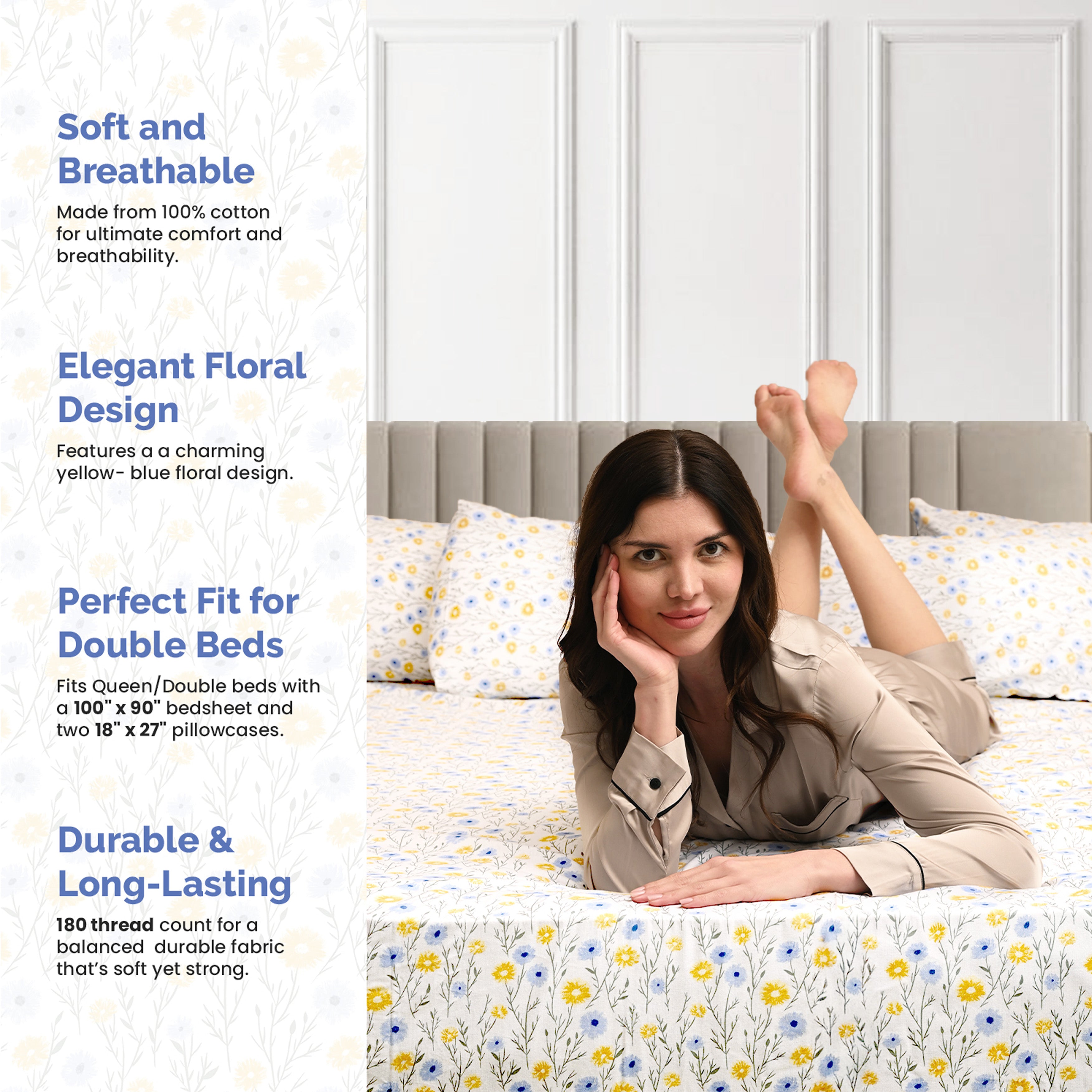 Ditsy Florals, 100% Cotton Double Bedsheet, 180 TC with 2 Pillow Cover