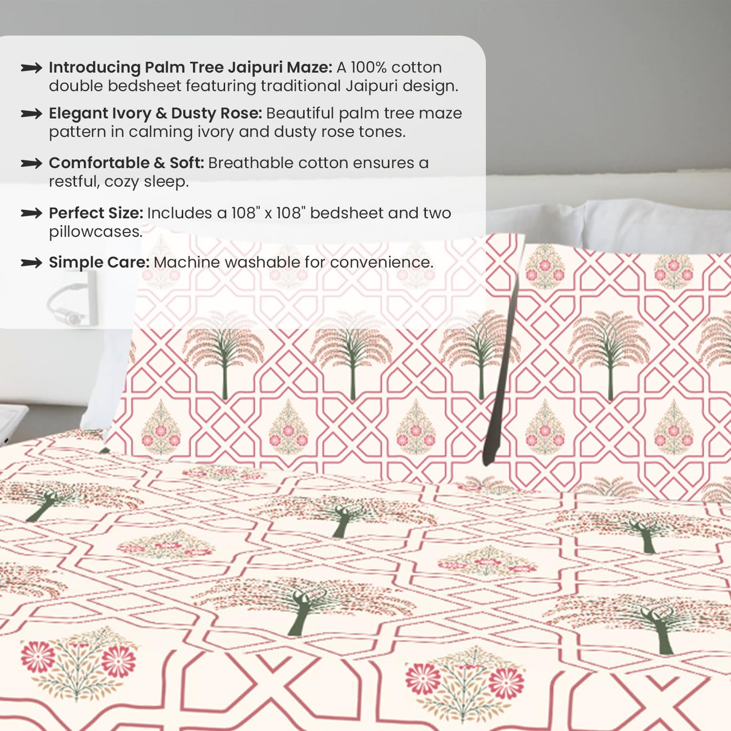Ditsy Florals and Palm Tree Jaipuri Maze in Ivory King Size Bedsheet (Combo)