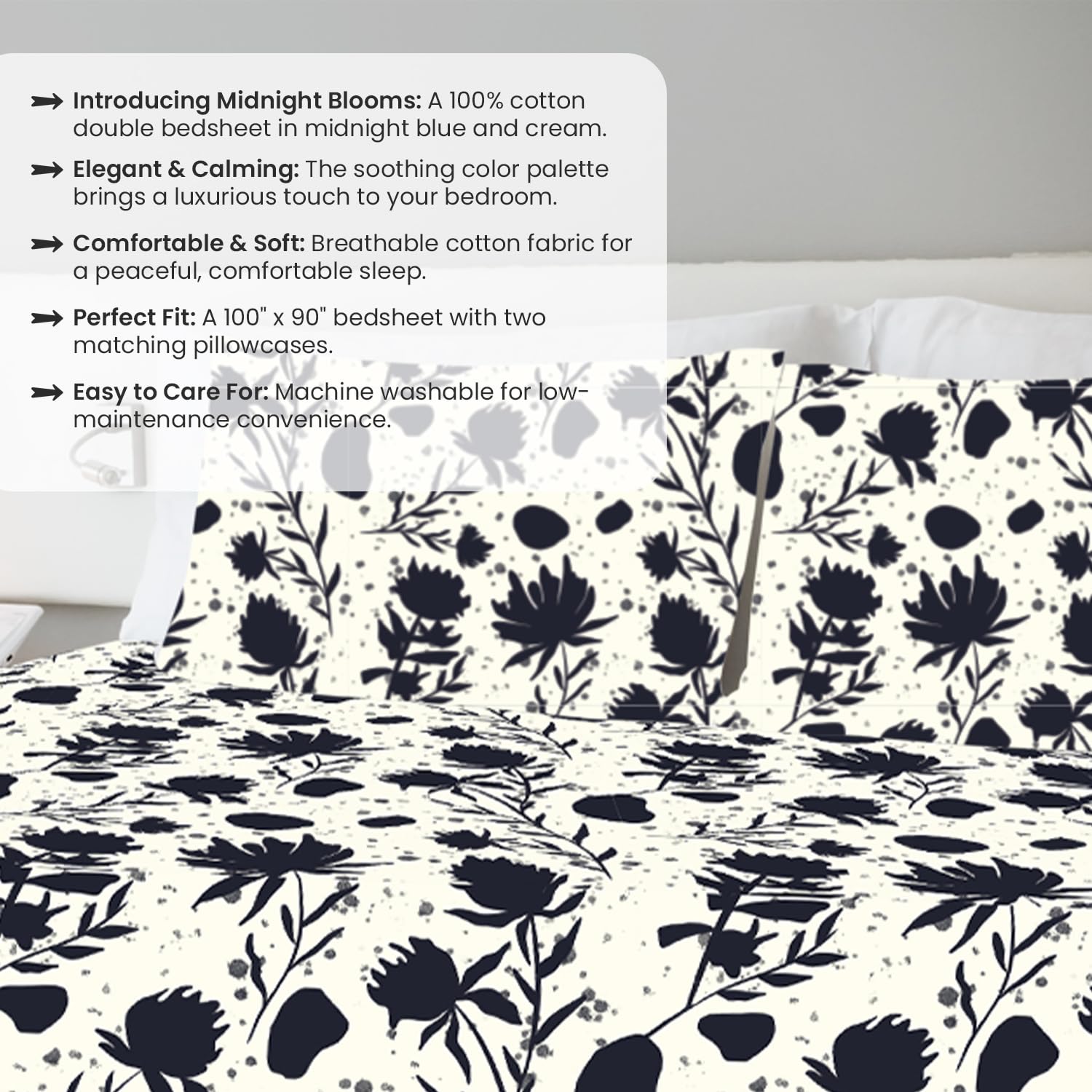 Palm Tree Jaipuri Maze in Ivory and Midnight Blooms Queen Size Bedsheet (Combo)