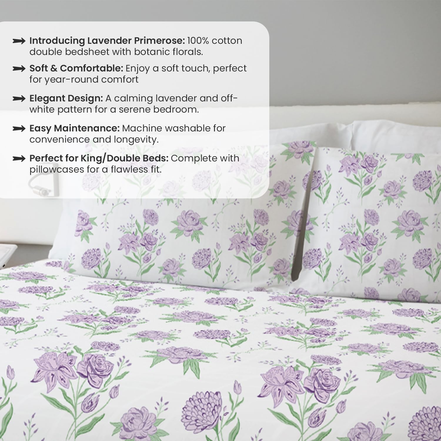 Lavender Primerose and Fall Birds Flora Queen Size Bedsheet (Combo)