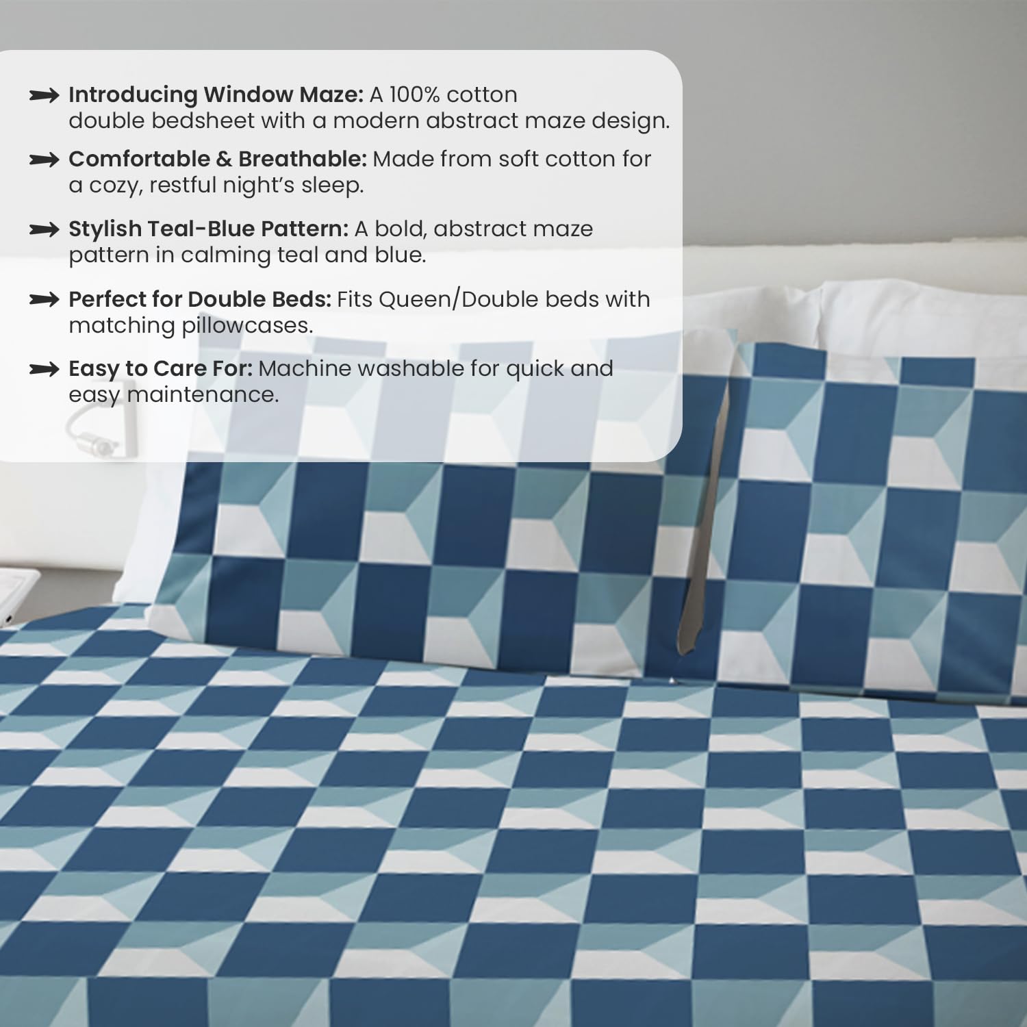 Ditsy Florals and Window Maze in Teal-Blue Queen Size Bedsheet (Combo)