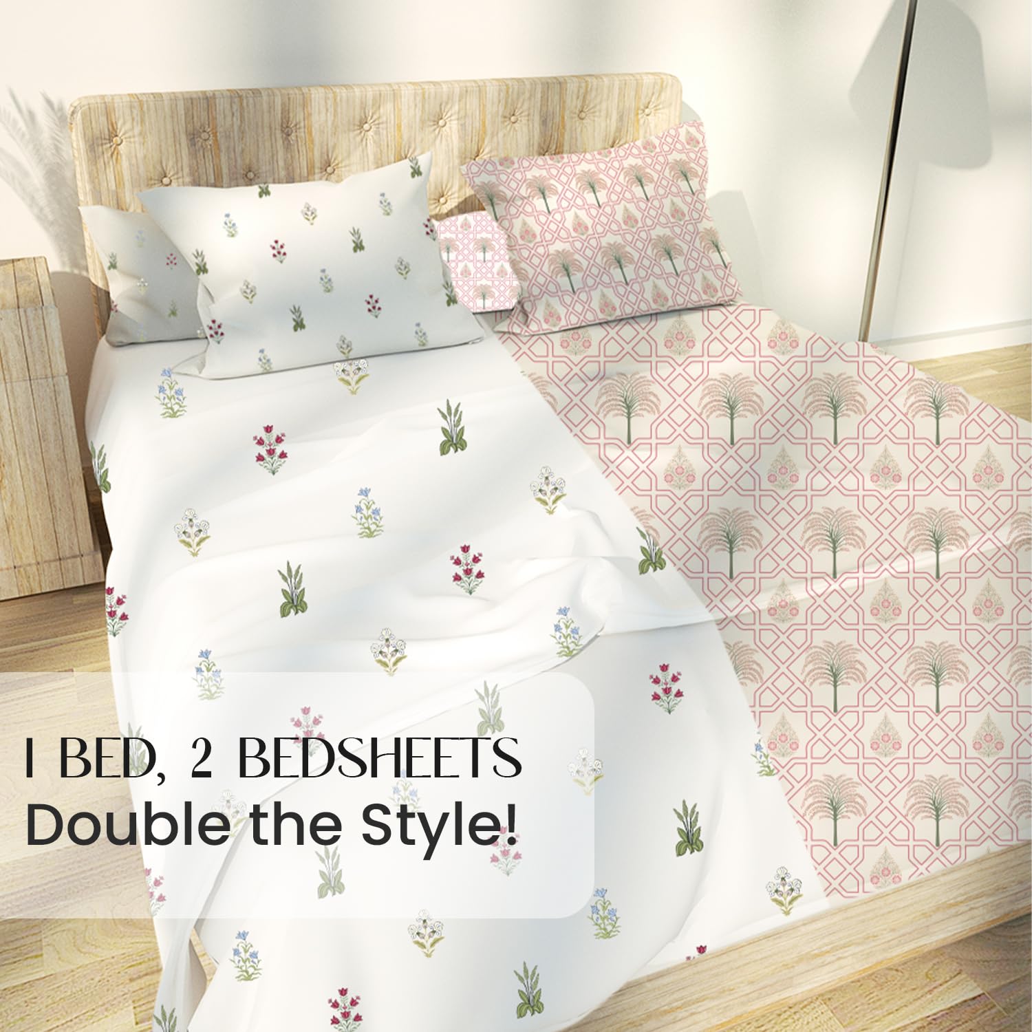 Jaipuri Floral Motifs and Palm Tree Jaipuri Maze in Ivory Queen Size Bedsheet (Combo)