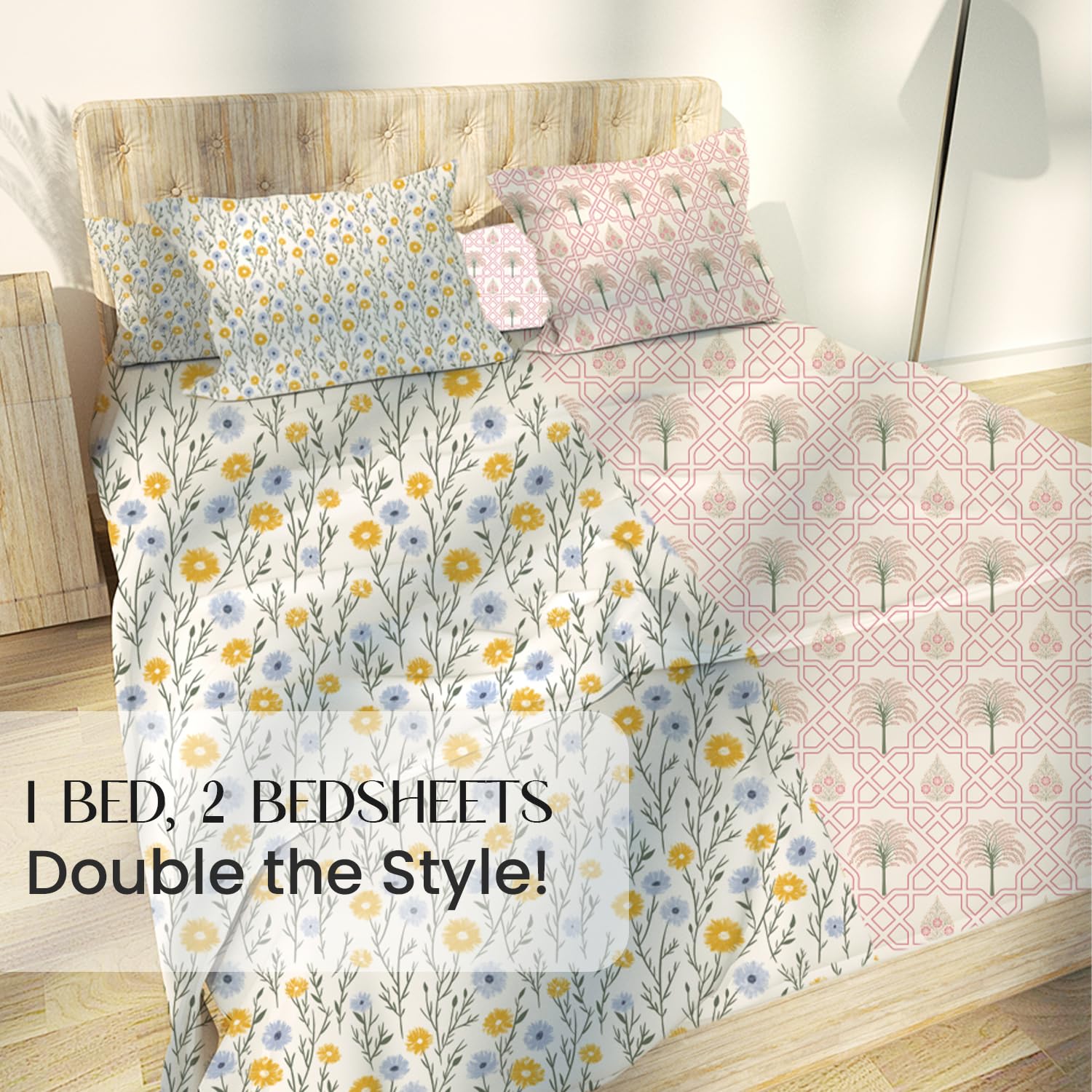Ditsy Florals and Palm Tree Jaipuri Maze in Ivory King Size Bedsheet (Combo)