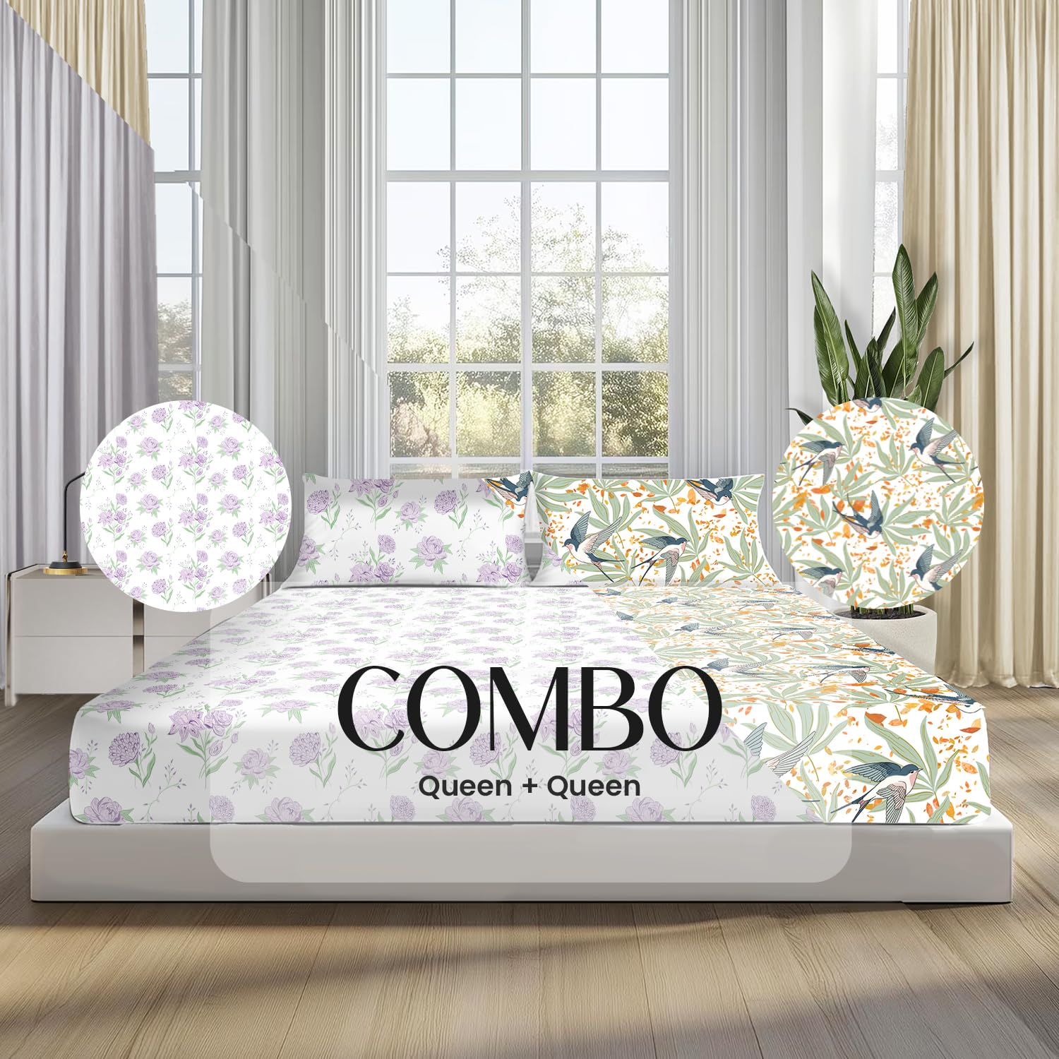 Lavender Primerose and Fall Birds Flora Queen Size Bedsheet (Combo)