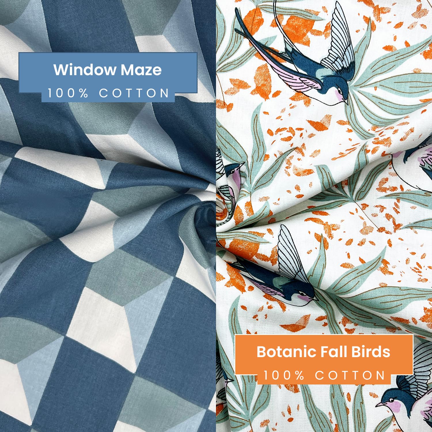 Window Maze in Teal-Blue and Fall Birds Flora Queen Size Bedsheet (Combo)
