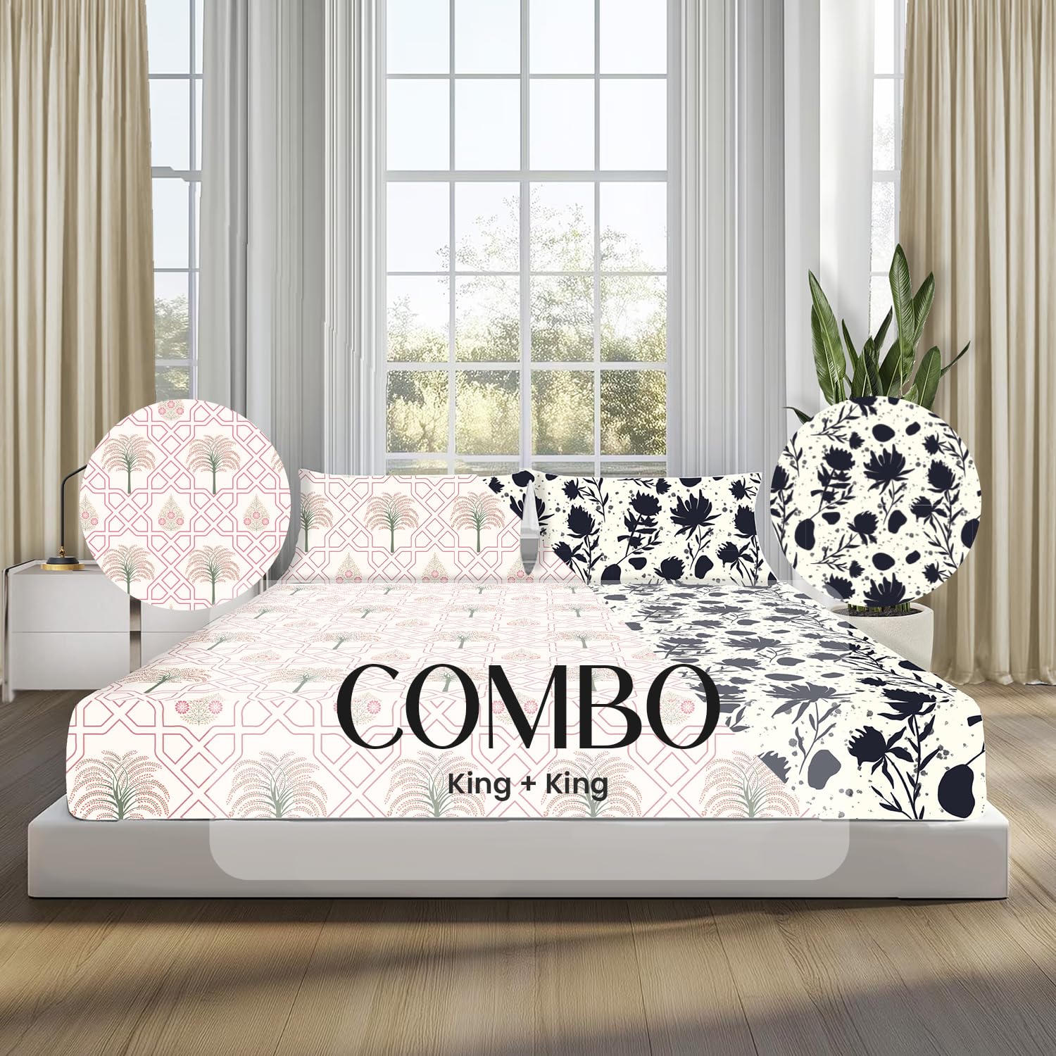 Midnight Blooms and Palm Tree Jaipuri Maze in Ivory King Size Bedsheet (Combo)