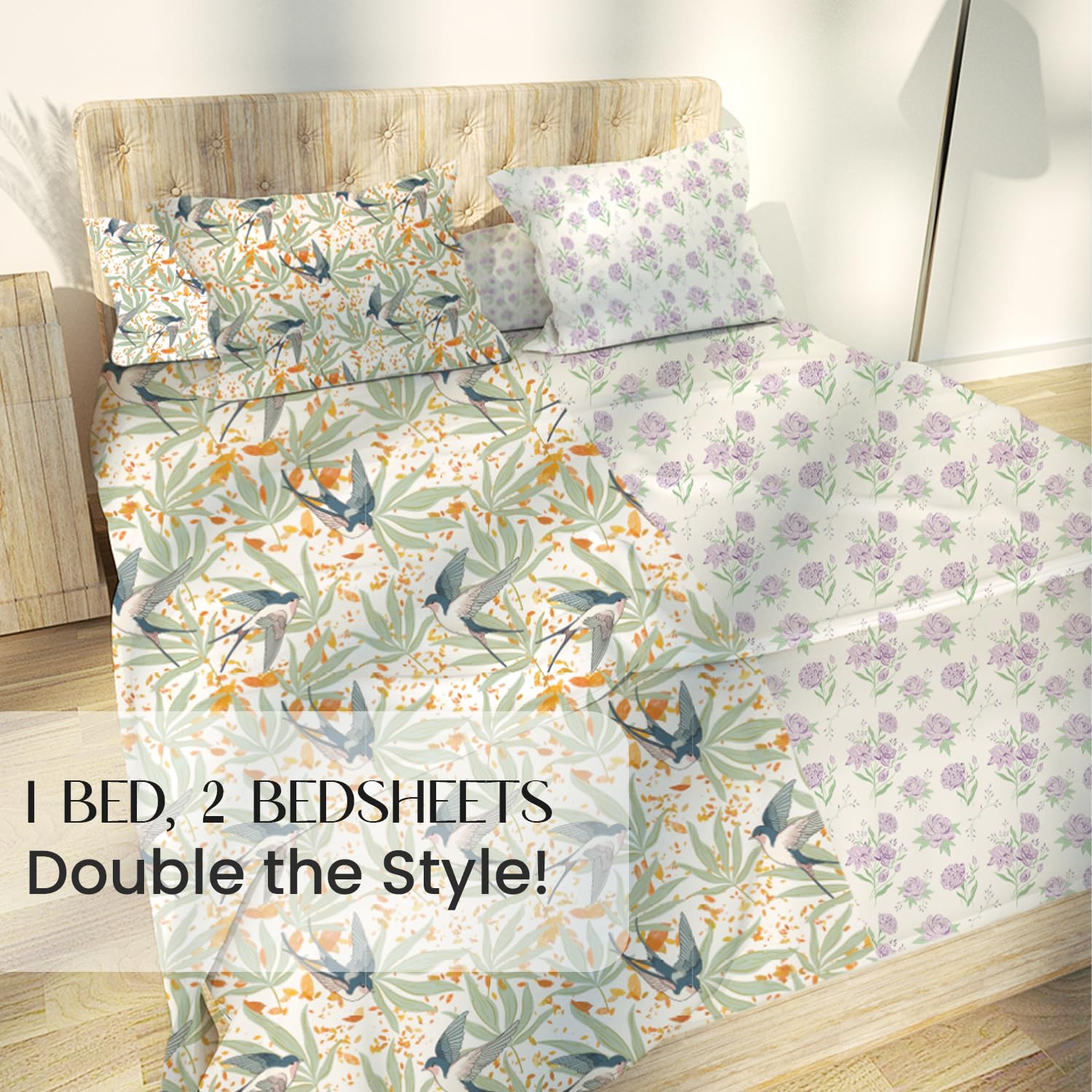 Lavender Primerose and Fall Birds Flora Queen Size Bedsheet (Combo)