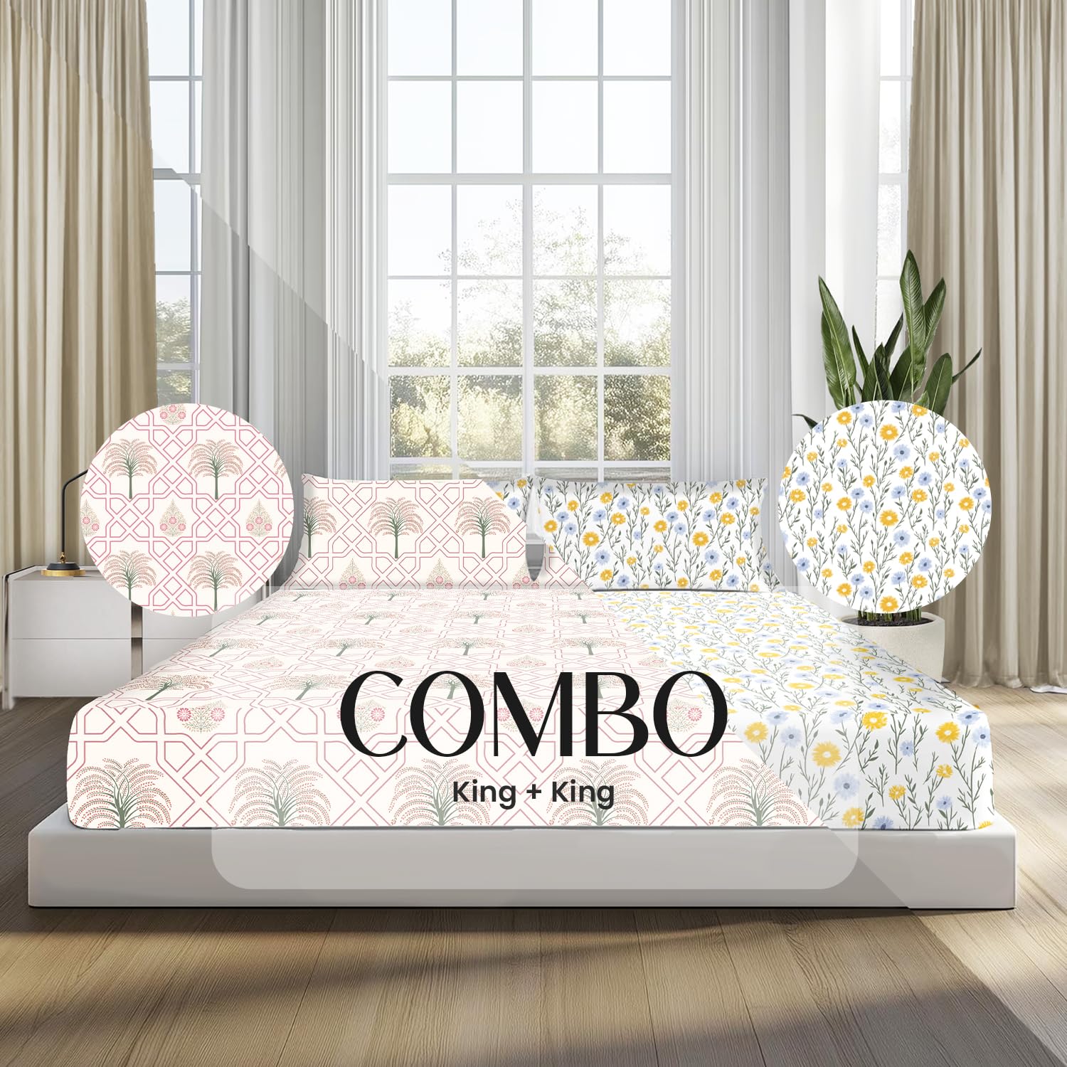 Ditsy Florals and Palm Tree Jaipuri Maze in Ivory King Size Bedsheet (Combo)