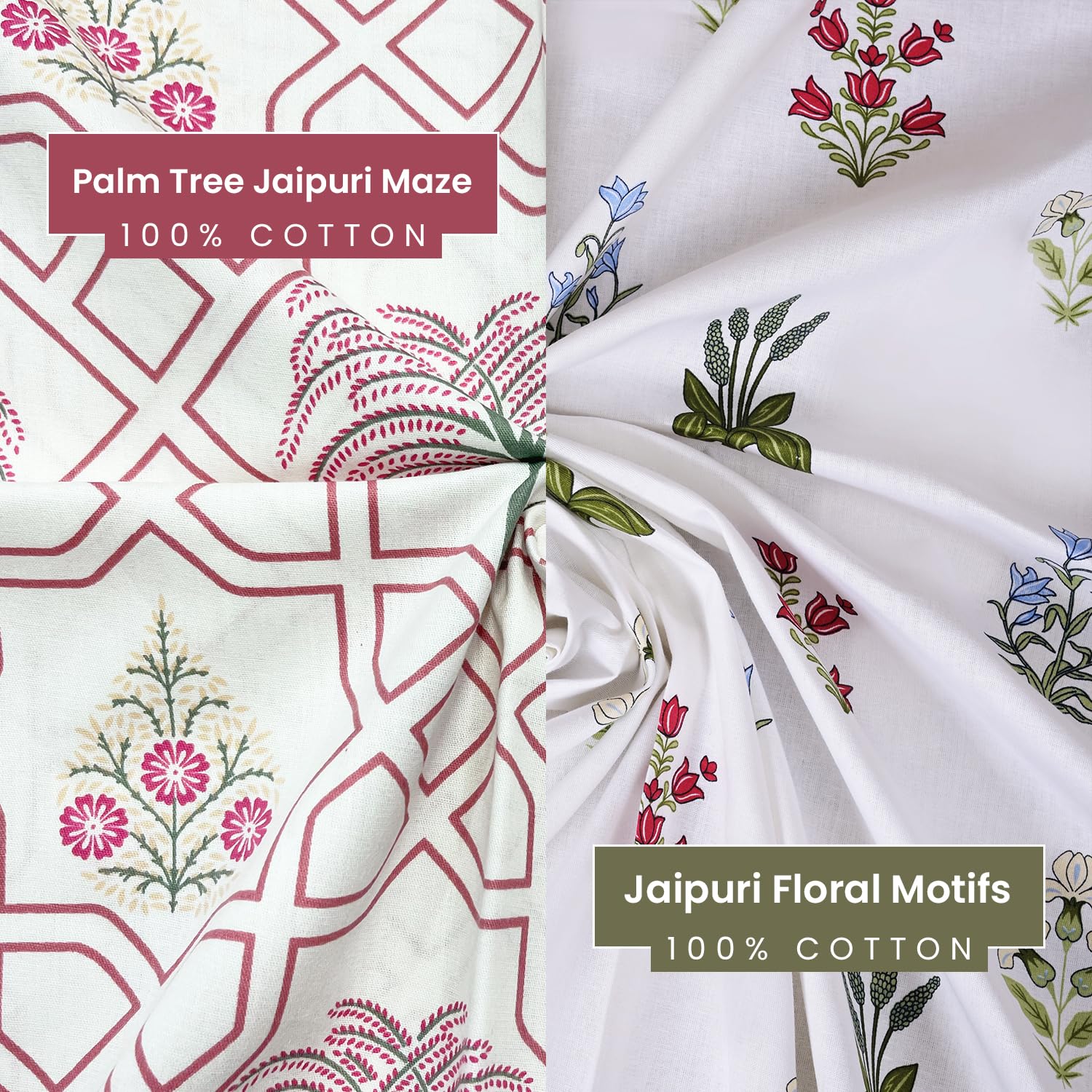 Jaipuri Floral Motifs and Palm Tree Jaipuri Maze in Ivory Queen Size Bedsheet (Combo)