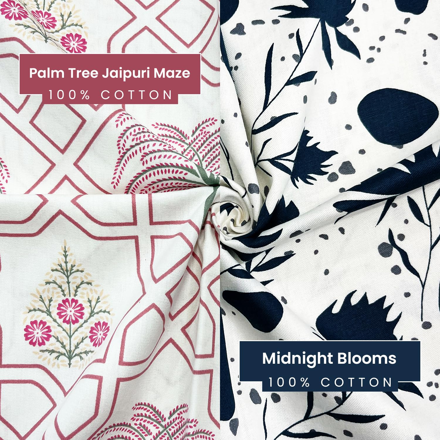 Midnight Blooms and Palm Tree Jaipuri Maze in Ivory King Size Bedsheet (Combo)