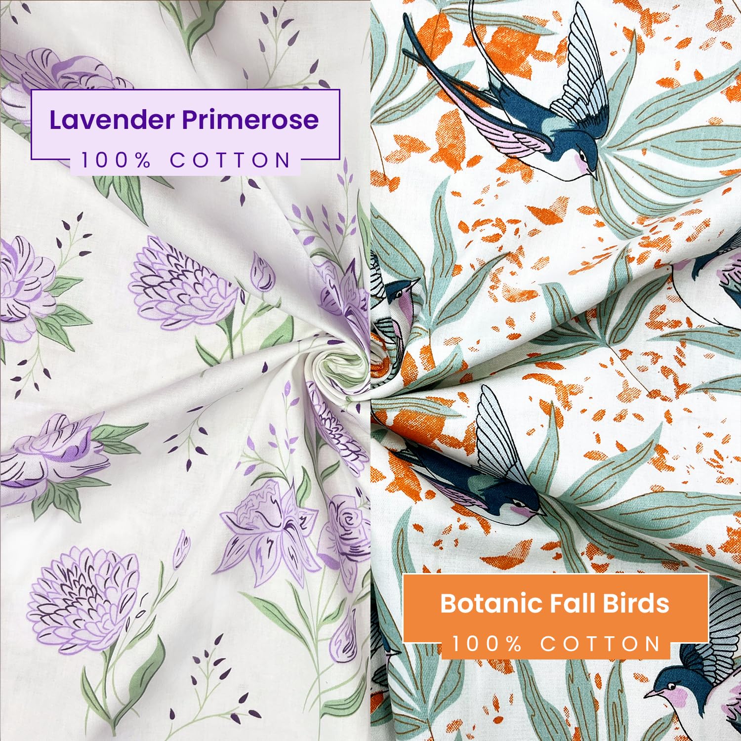 Lavender Primerose and Fall Birds Flora Queen Size Bedsheet (Combo)