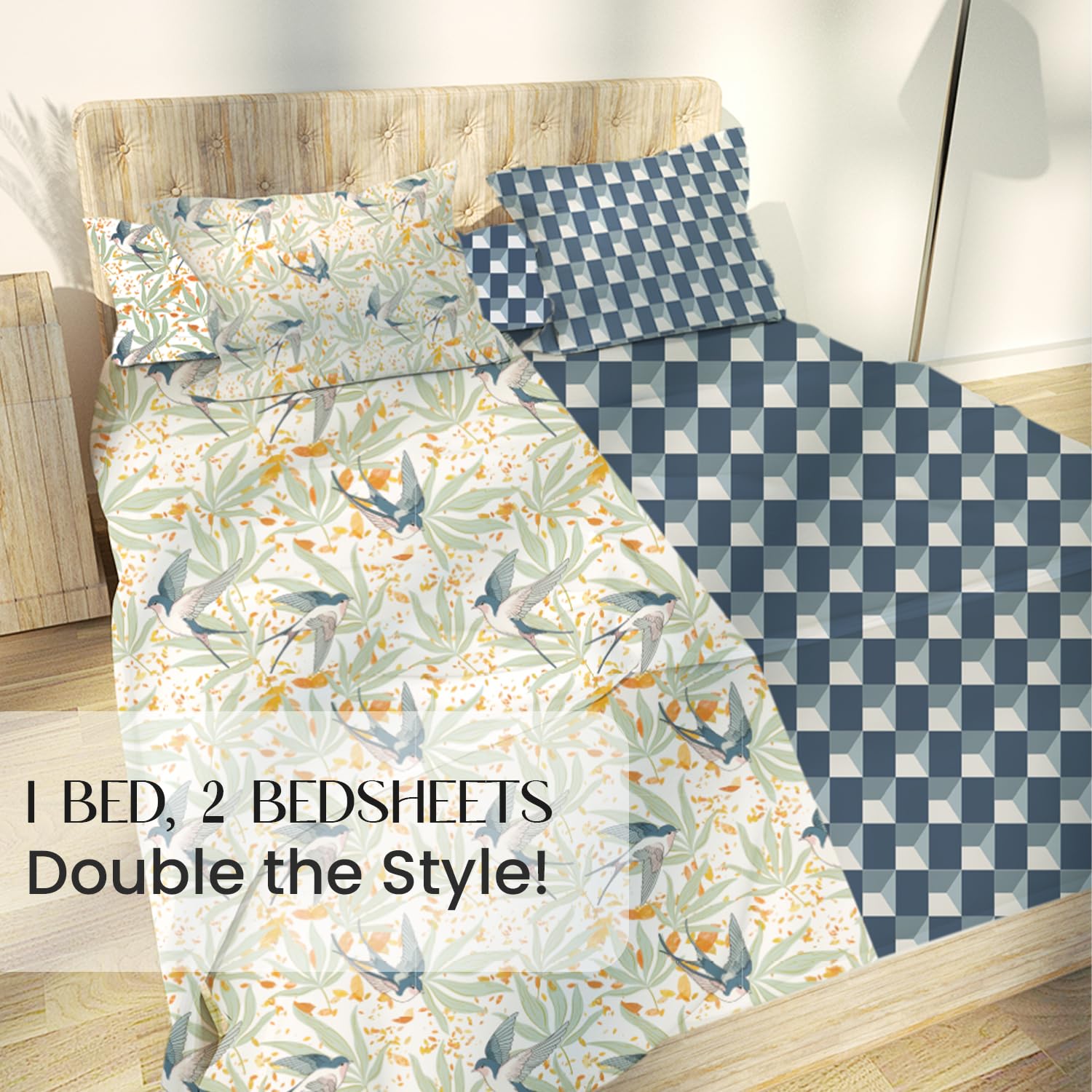 Window Maze in Teal-Blue and Fall Birds Flora Queen Size Bedsheet (Combo)