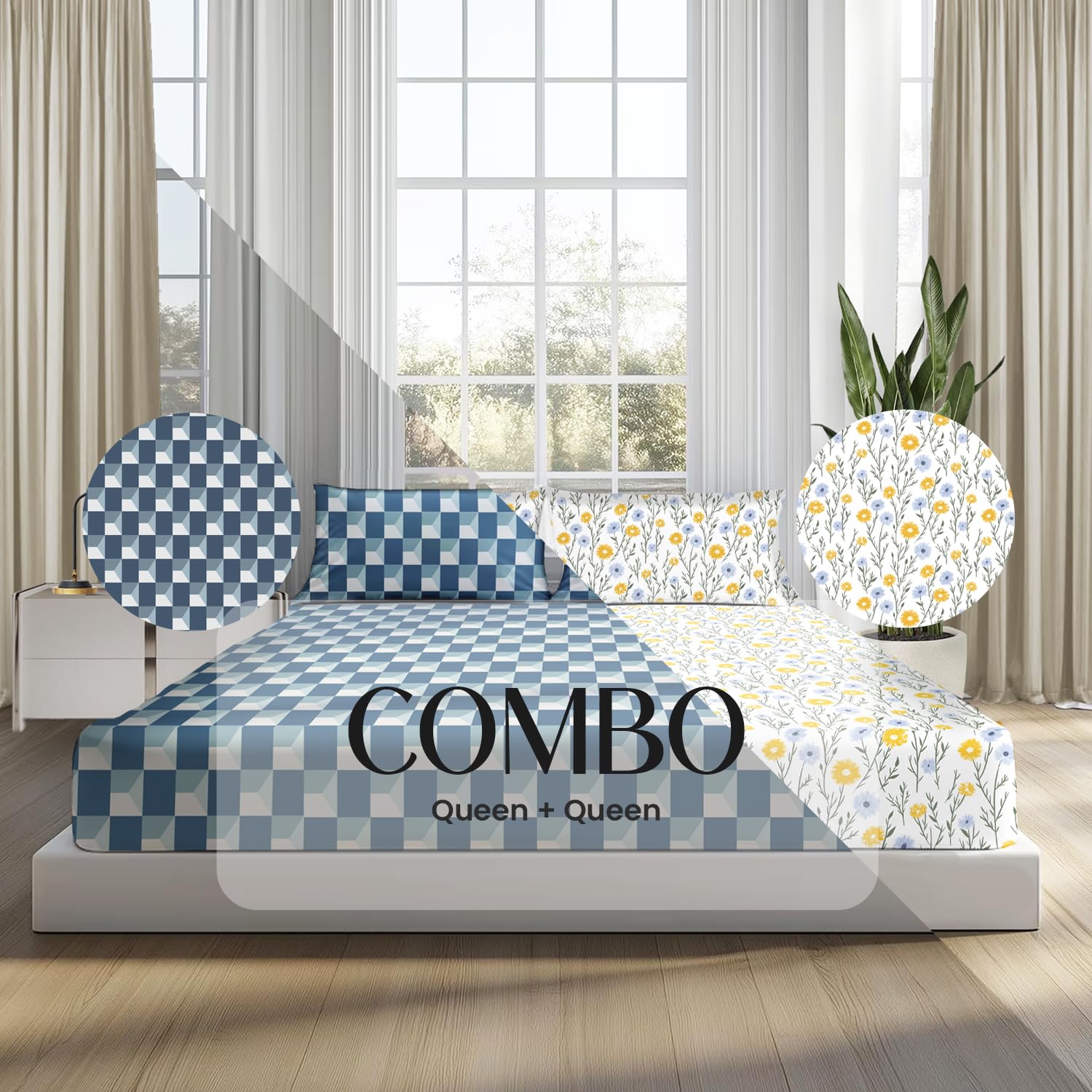 Ditsy Florals and Window Maze in Teal-Blue Queen Size Bedsheet (Combo)