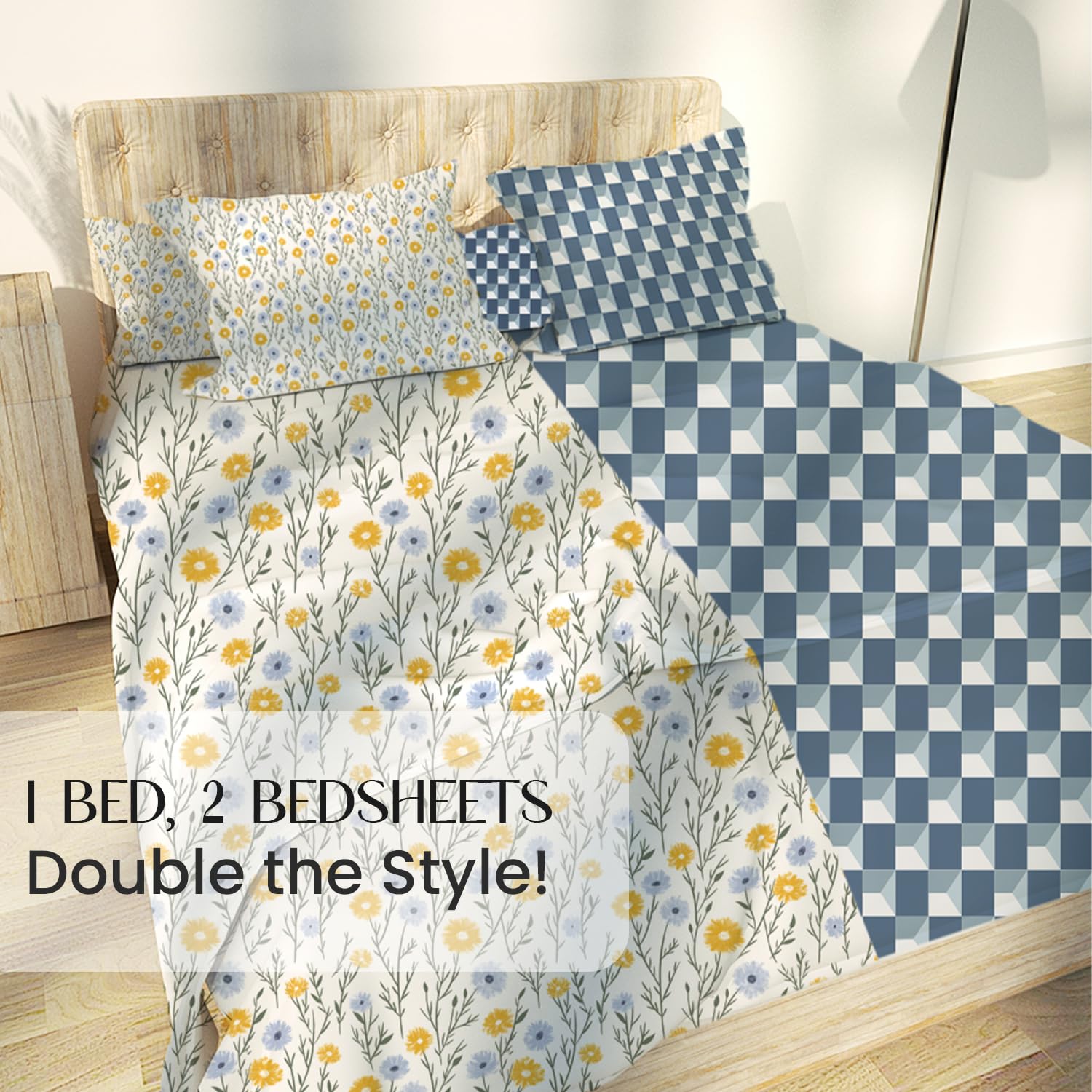Ditsy Florals and Window Maze in Teal-Blue Queen Size Bedsheet (Combo)