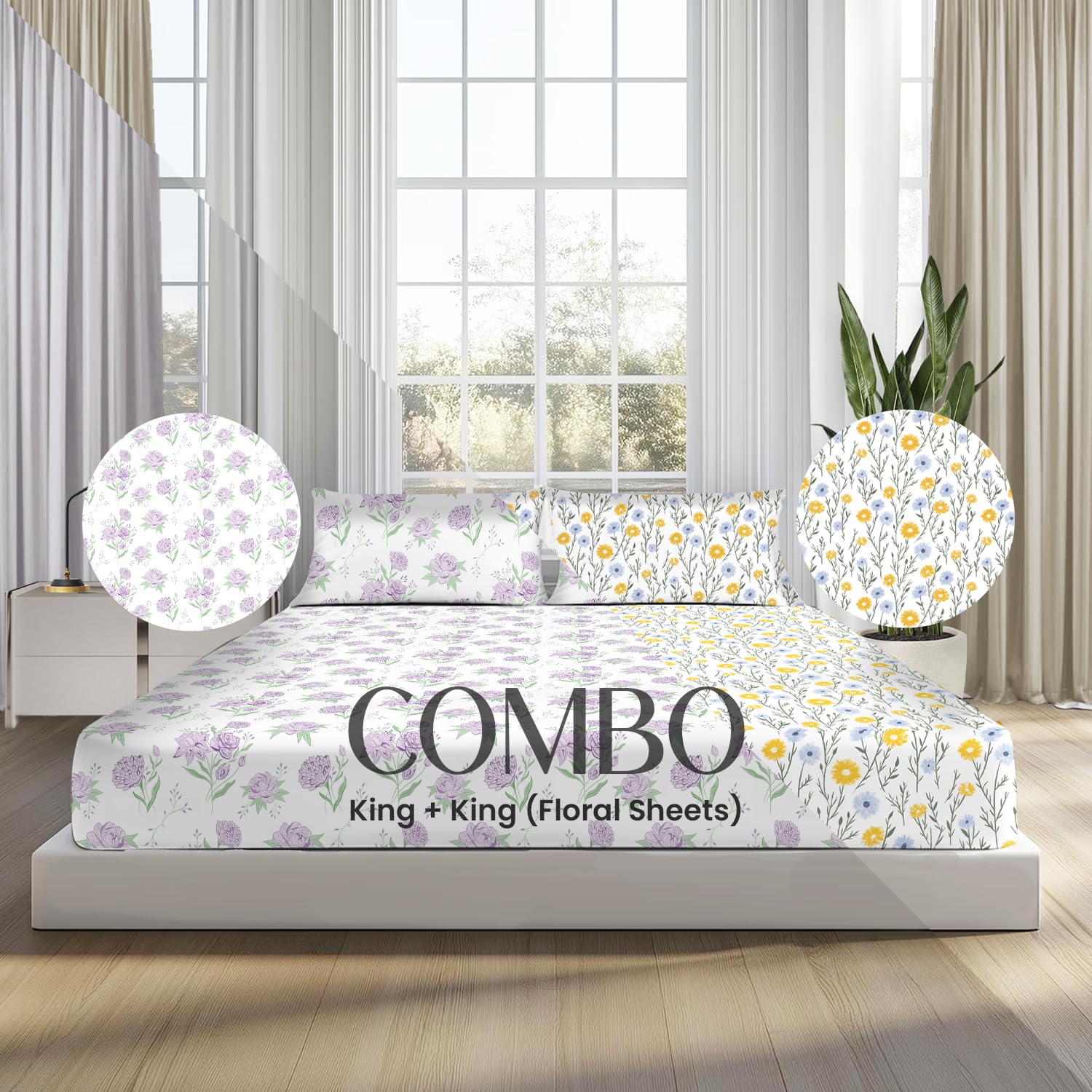 Lavender Primerose and Ditsy Florals King Size Bedsheet (Combo)