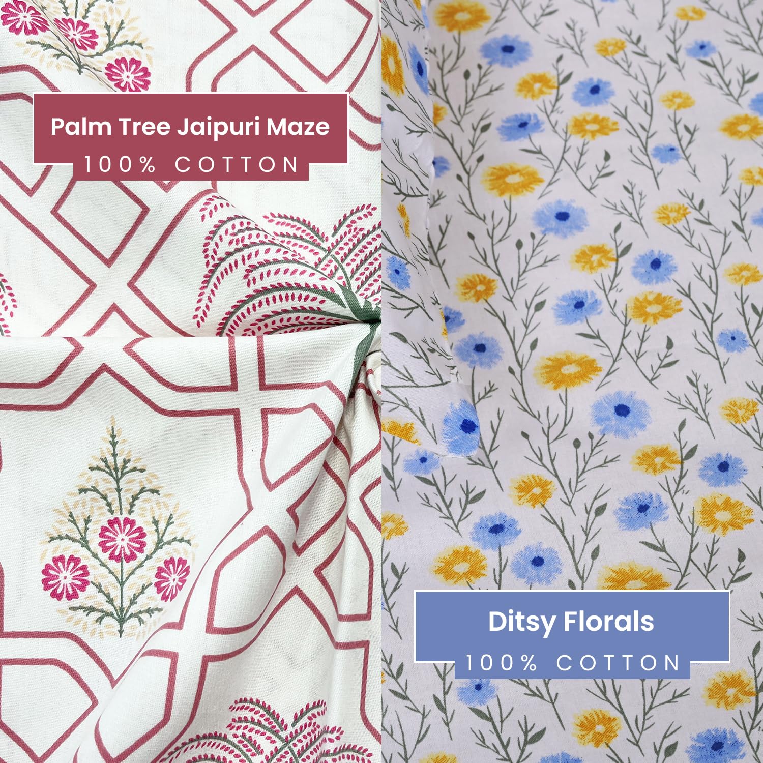 Ditsy Florals and Palm Tree Jaipuri Maze in Ivory King Size Bedsheet (Combo)