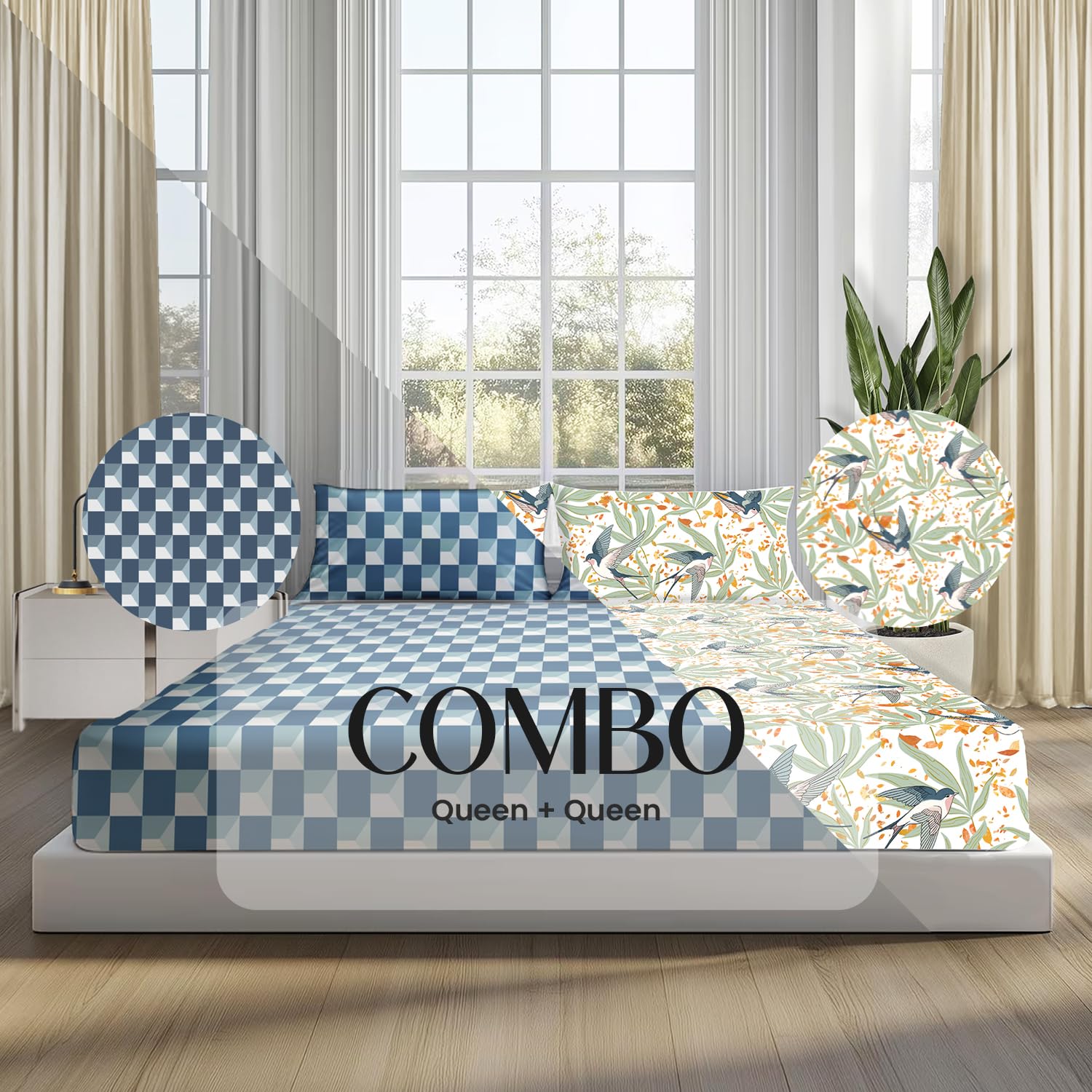 Window Maze in Teal-Blue and Fall Birds Flora Queen Size Bedsheet (Combo)