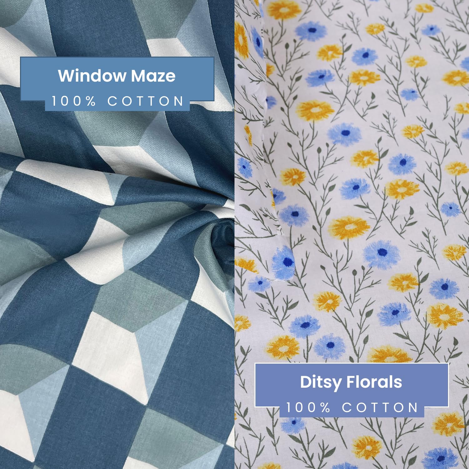 Ditsy Florals and Window Maze in Teal-Blue Queen Size Bedsheet (Combo)
