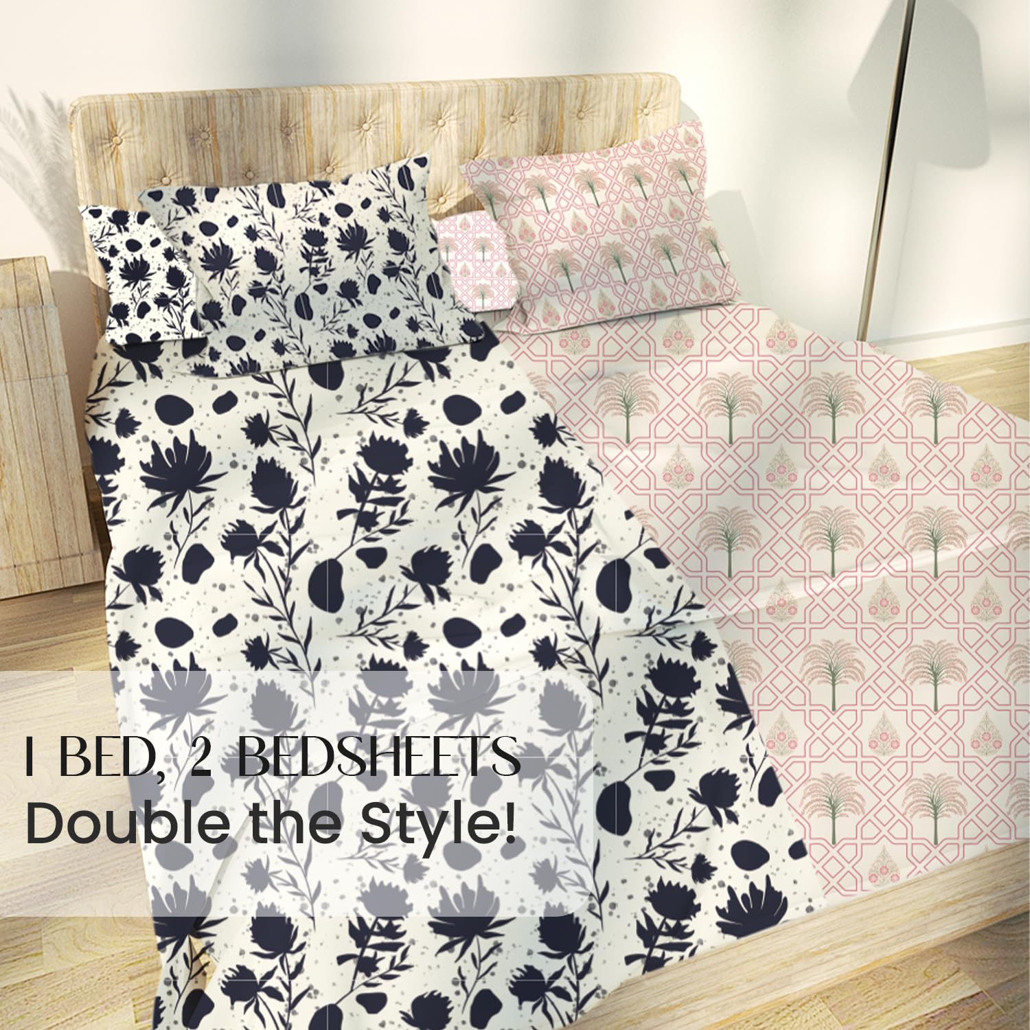 Midnight Blooms and Palm Tree Jaipuri Maze in Ivory King Size Bedsheet (Combo)