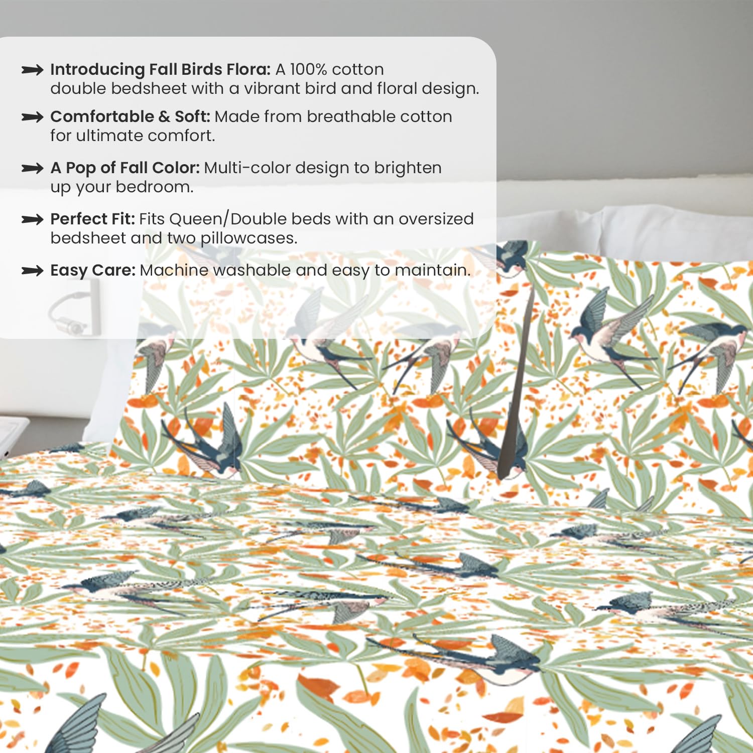 Window Maze in Teal-Blue and Fall Birds Flora Queen Size Bedsheet (Combo)