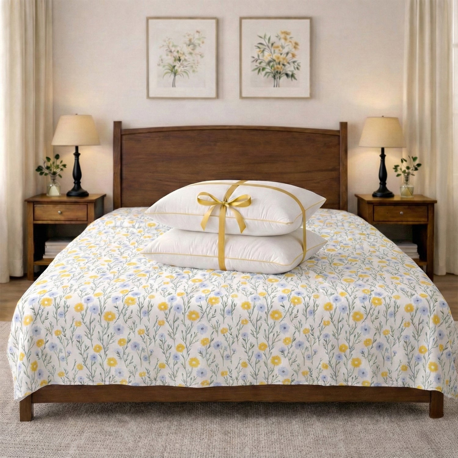Ditsy Floral Bedsheet (Queen) + Golden Piping (2 Pack)