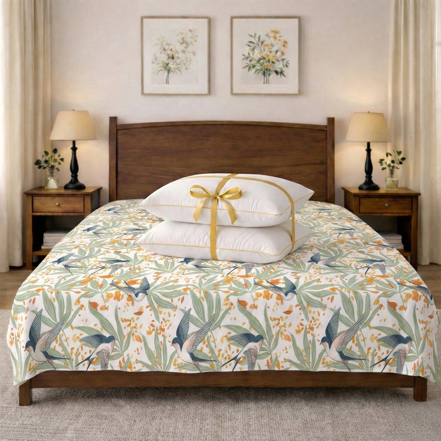 Fall Bird Flora Bedsheet (Queen) + Golden Piping (2 Pack)