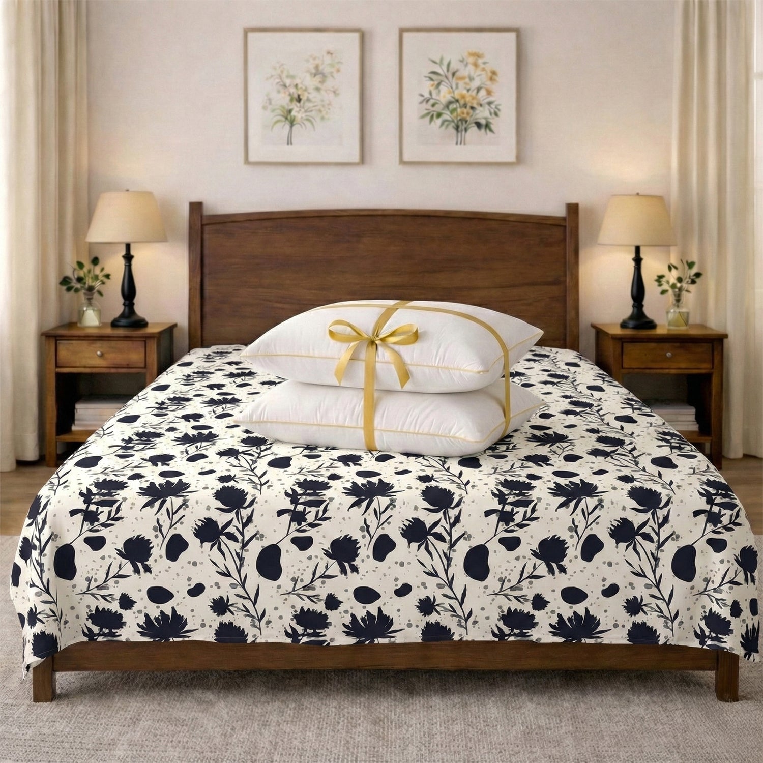 Midnight Bloom Bedsheet (Queen) + Golden Piping (2 Pack)