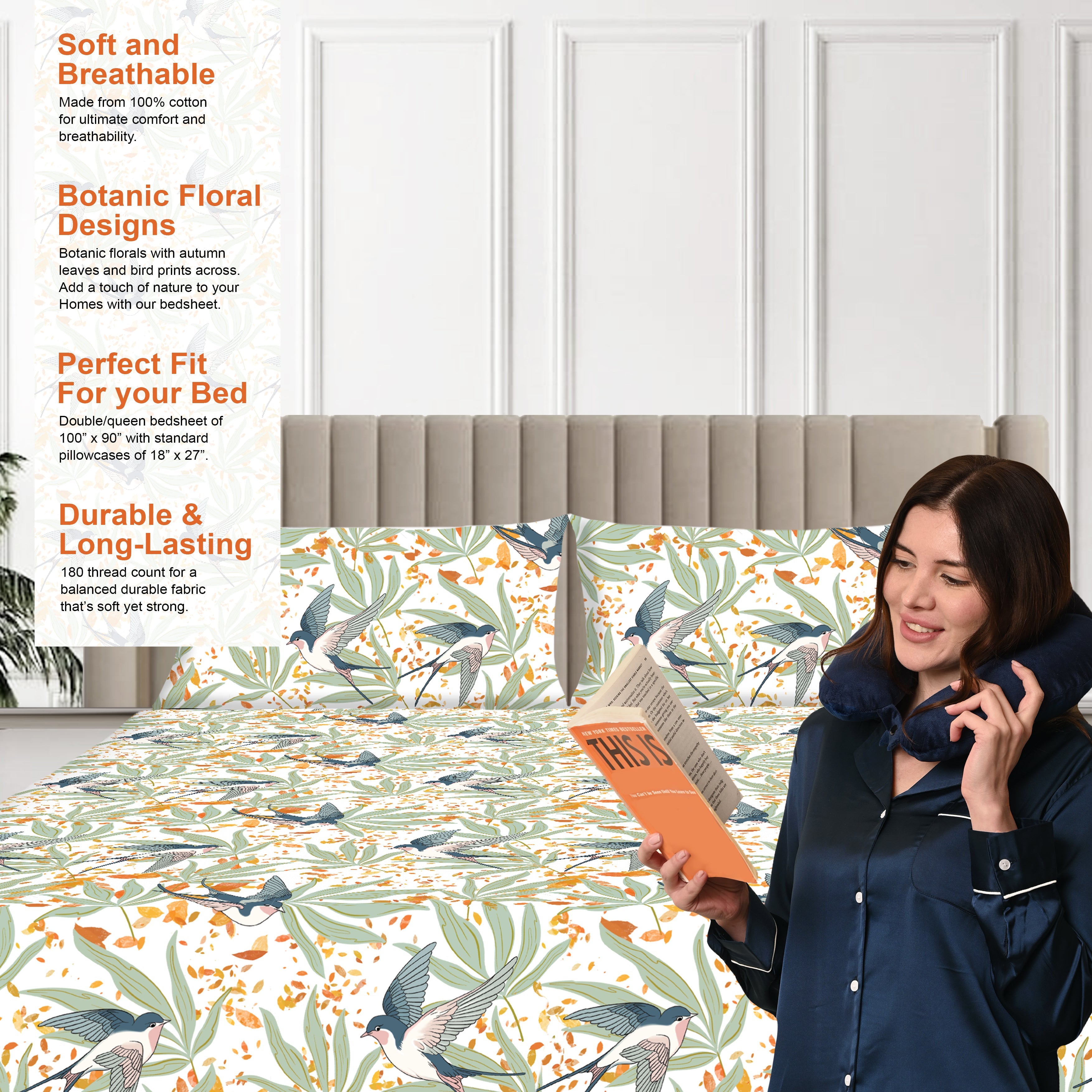 Fall Birds Flora, 100% Cotton Double Bedsheet, 180 TC