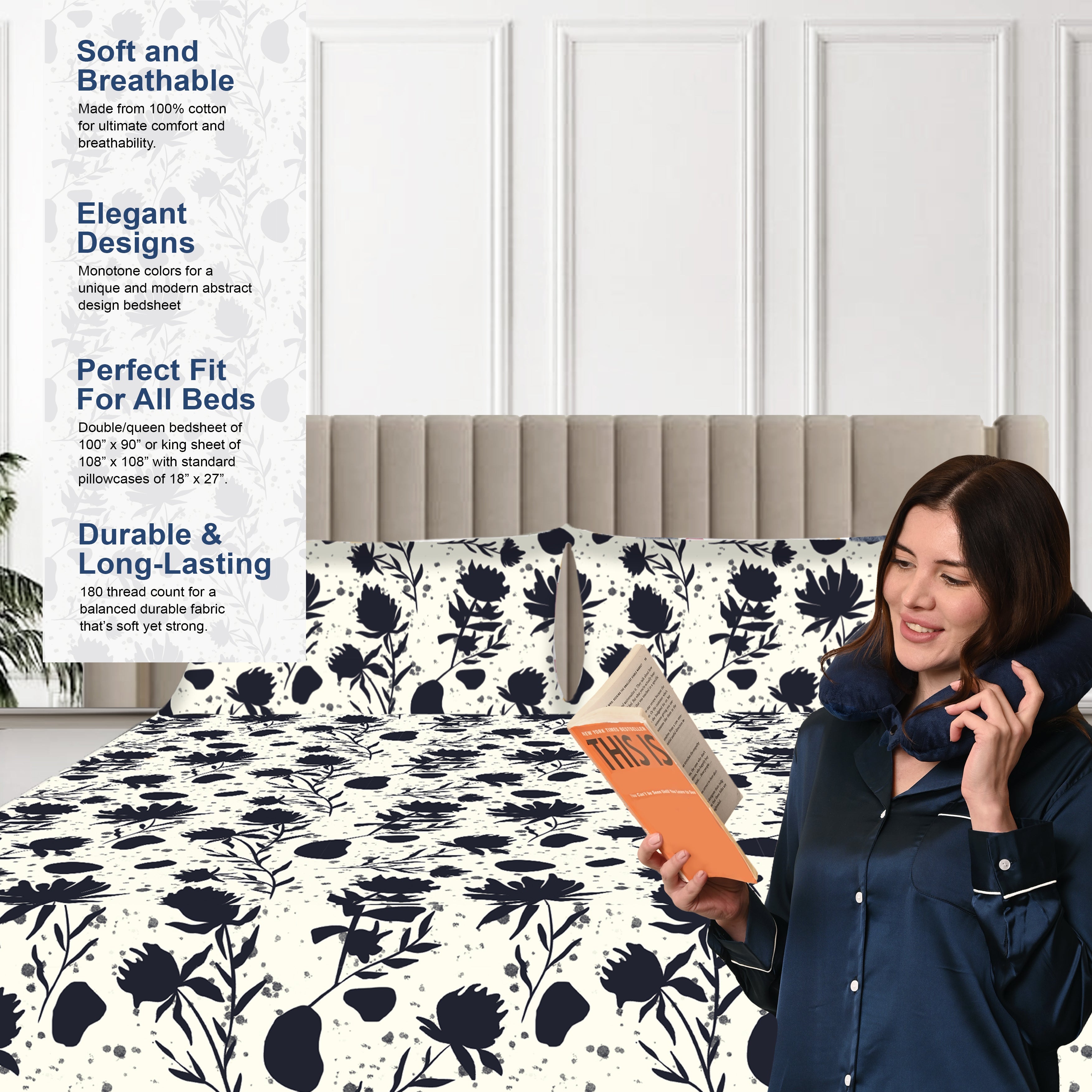 Midnight Blooms, 100% Cotton Double Bedsheet, 180 TC