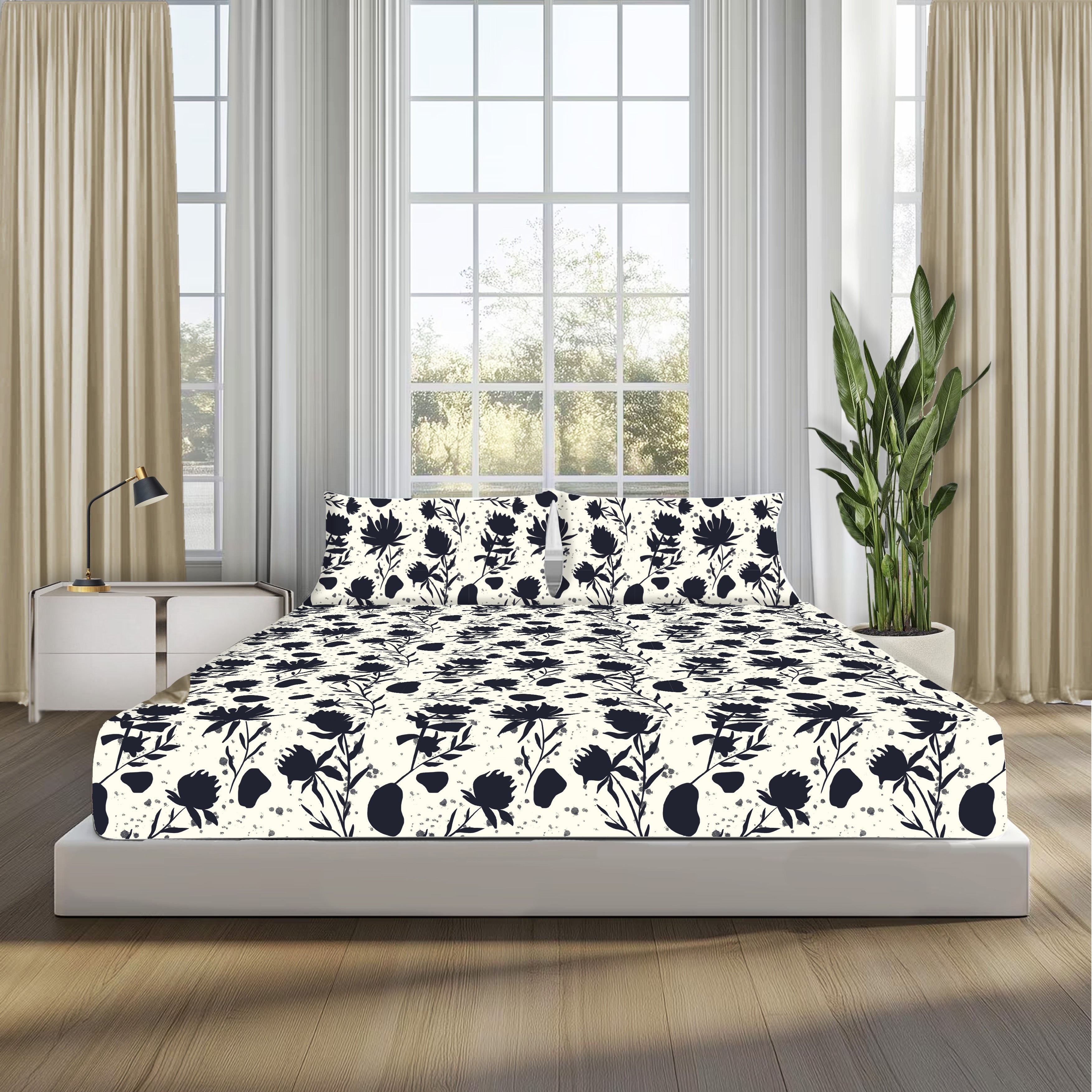 Midnight Blooms, 100% Cotton Double Bedsheet, 180 TC