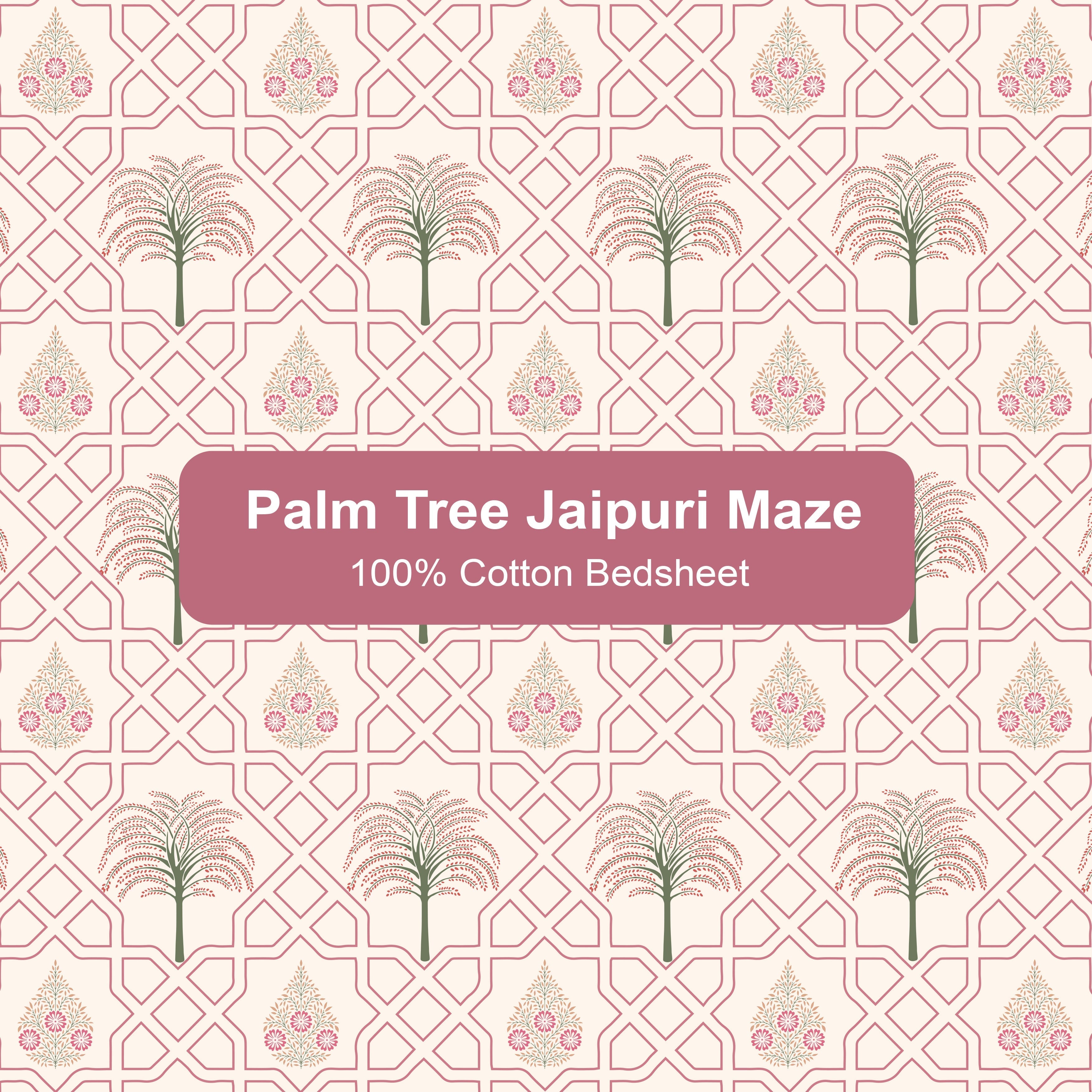 Palm Tree Jaipuri Maze in Ivory - Pink, 100% Cotton Double Bedsheet, 180 TC