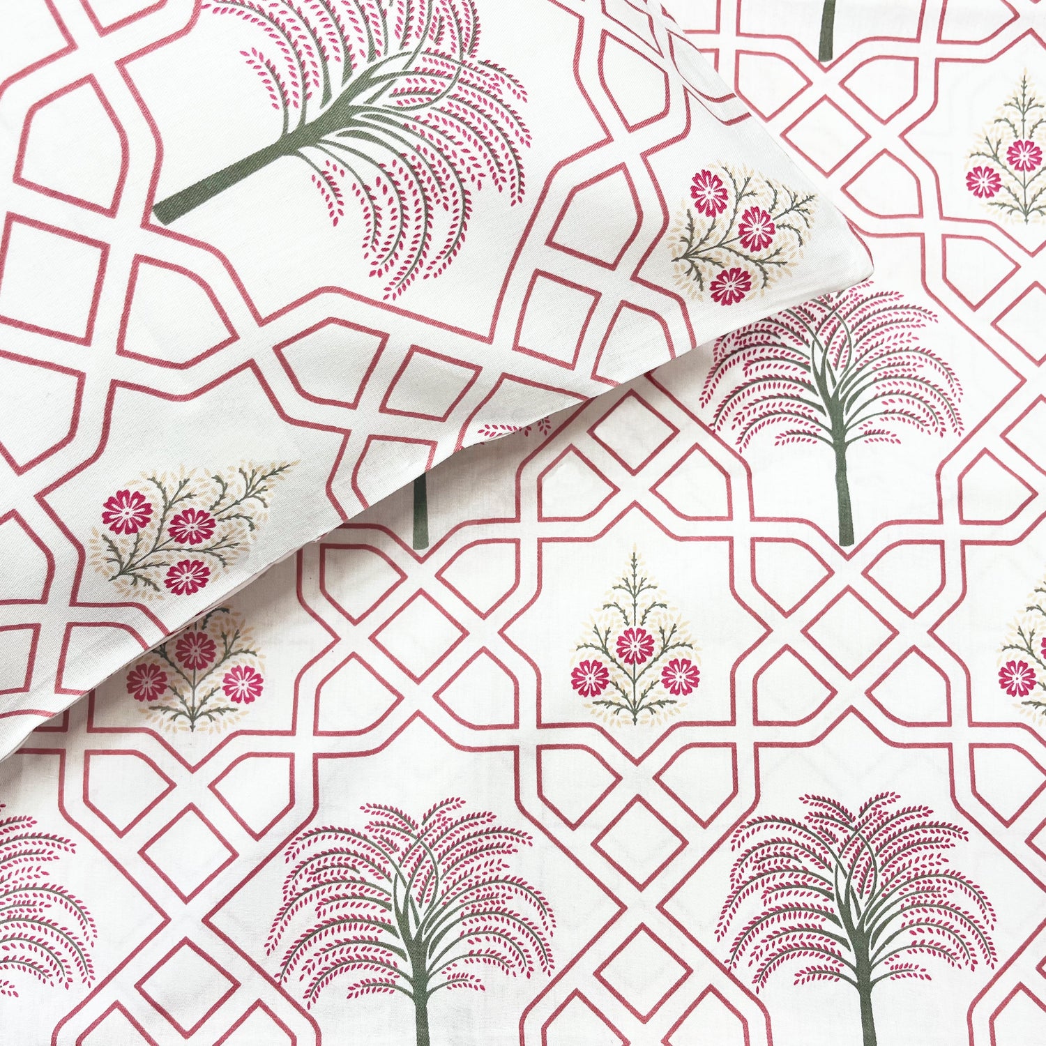 Palm Tree Jaipuri Maze in Ivory - Pink, 100% Cotton Double Bedsheet, 180 TC