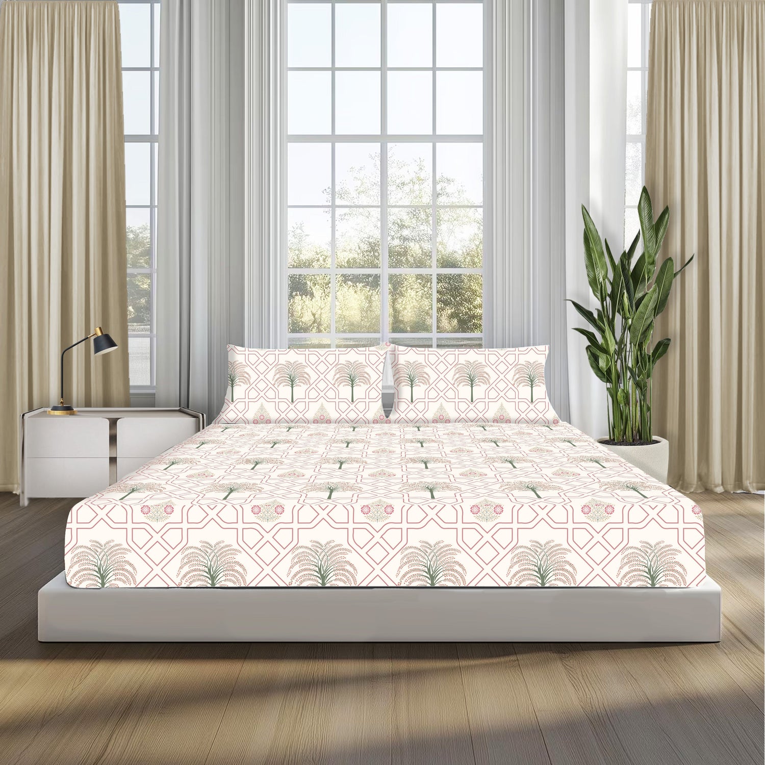 Palm Tree Jaipuri Maze in Ivory - Pink, 100% Cotton Double Bedsheet, 180 TC