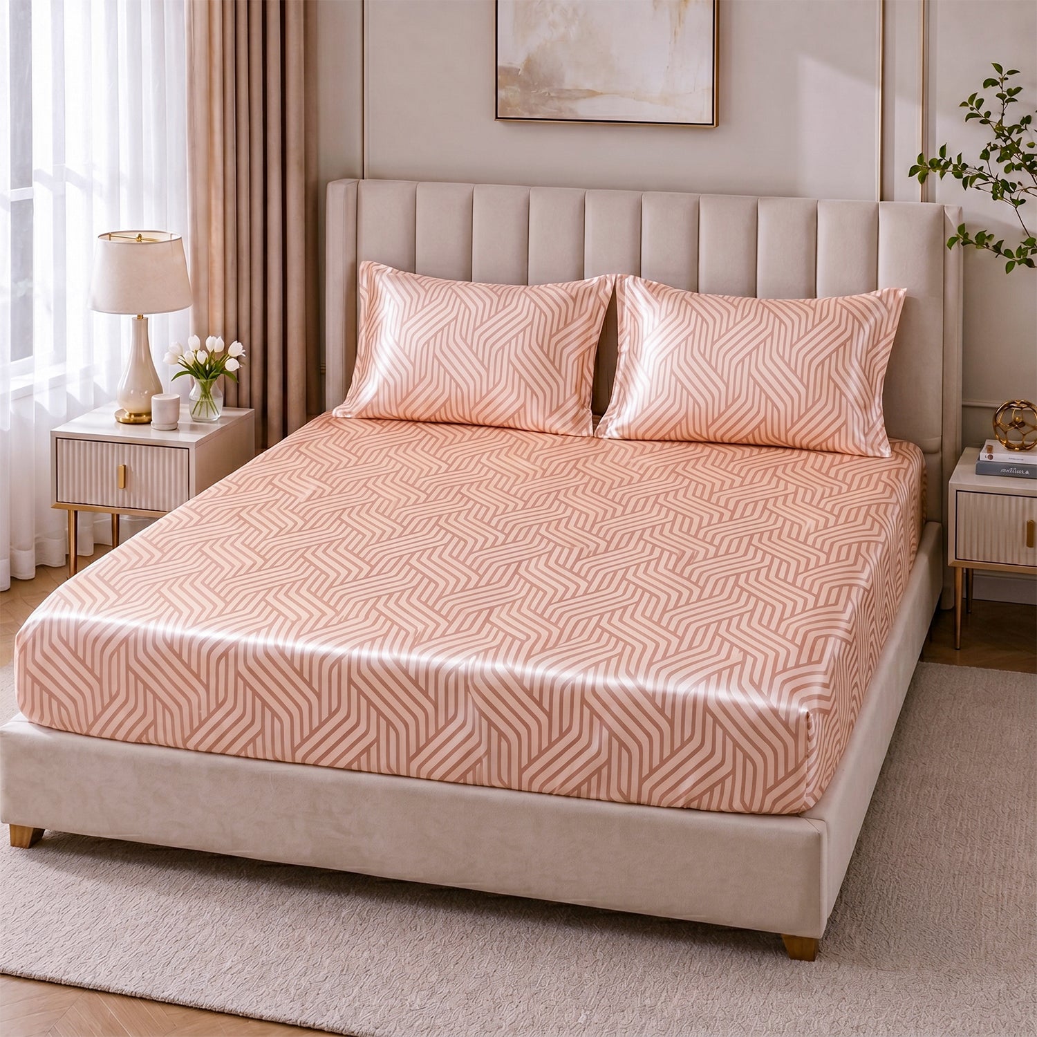 Champagne Waves, 100% Satin Double Bedsheet, 300 TC with 2 Pillow Cover | Queen Size Bedsheets