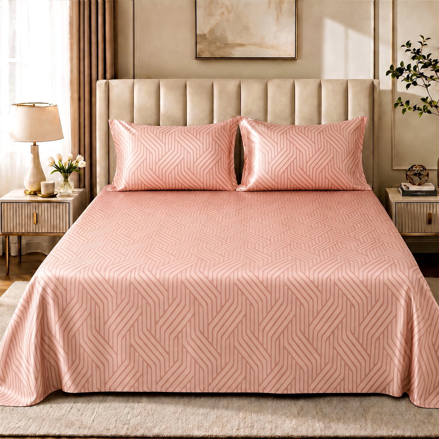Champagne Waves, 100% Satin Double Bedsheet, 300 TC with 2 Pillow Cover | Queen Size Bedsheets