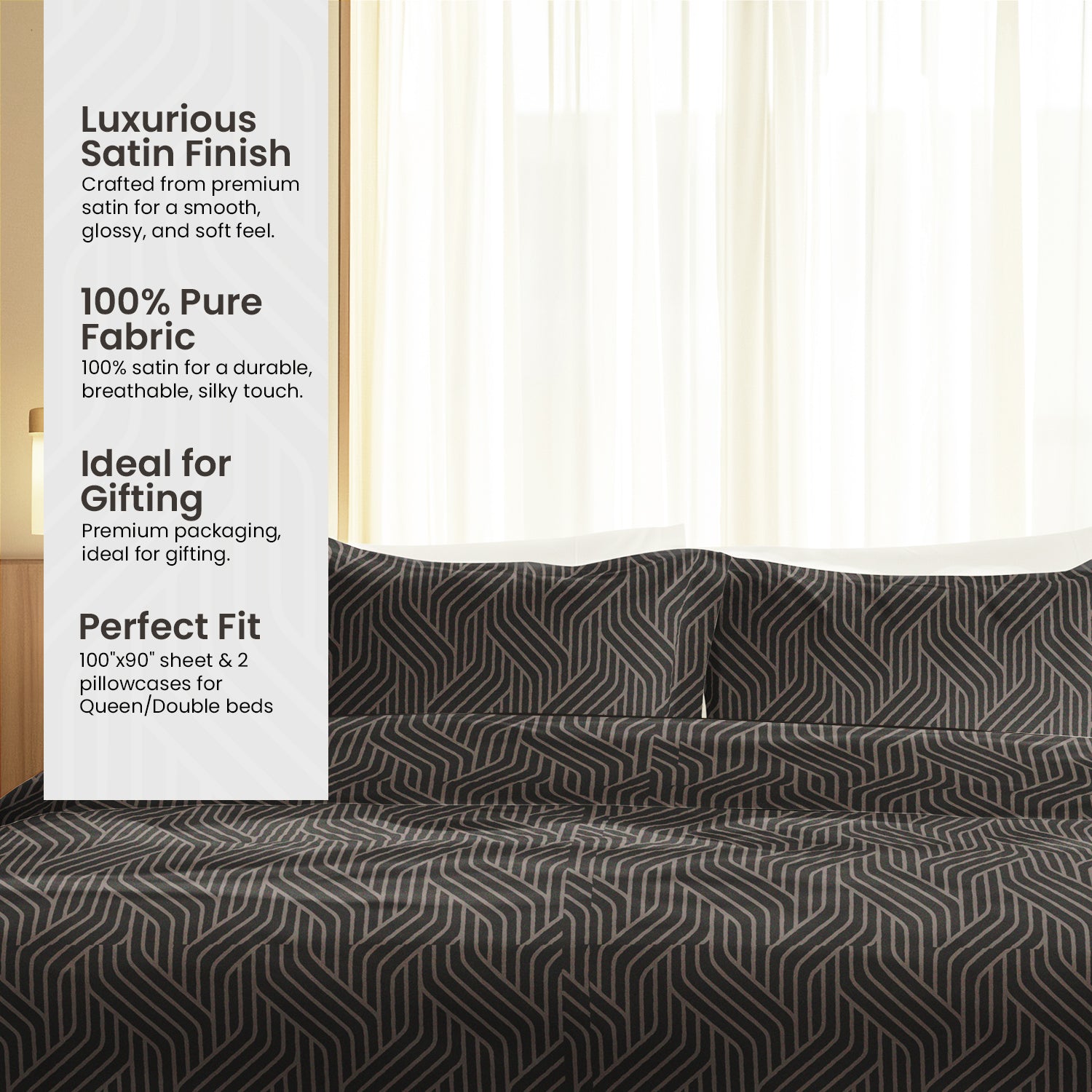 Cocoa Waves, 100% Satin Double Bedsheet, 300 TC with 2 Pillow Cover | Queen Size Bedsheets
