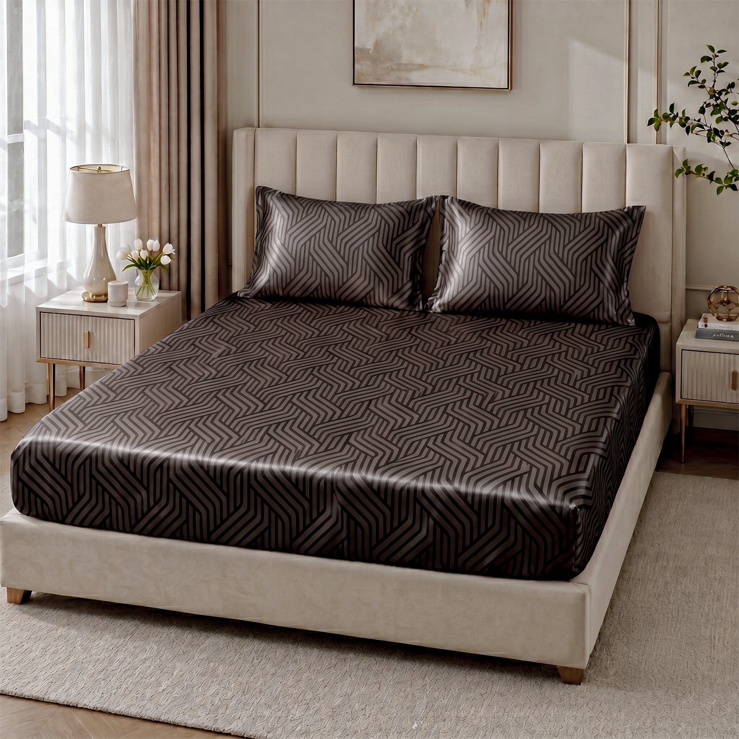 Cocoa Waves, 100% Satin Double Bedsheet, 300 TC with 2 Pillow Cover | Queen Size Bedsheets