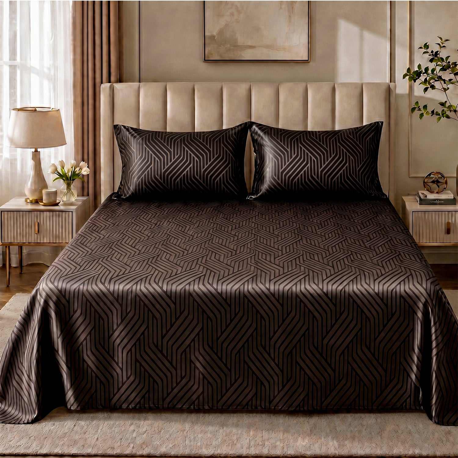 Cocoa Waves, 100% Satin Double Bedsheet, 300 TC with 2 Pillow Cover | Queen Size Bedsheets