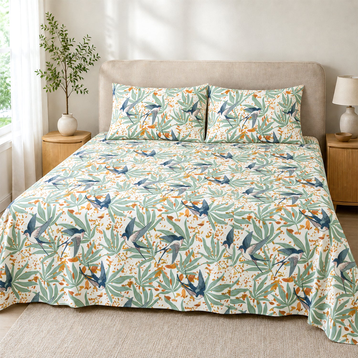 Fall Birds Flora, 100% Cotton Double Bedsheet, 180 TC