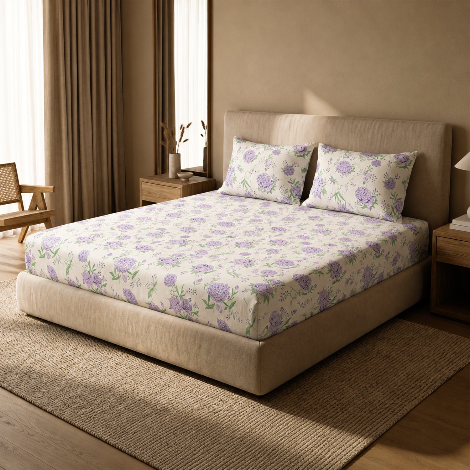 Lavender Primerose, 100% Cotton Double Bedsheet, 180 TC with 2 Pillow Cover