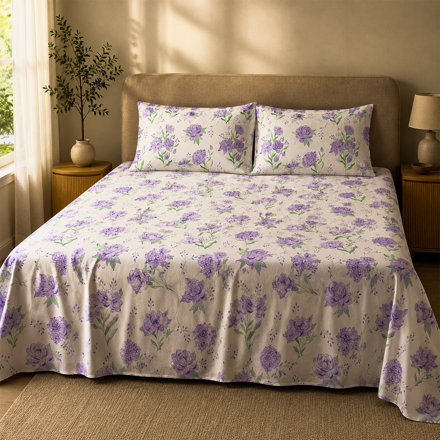 Lavender Primerose, 100% Cotton Double Bedsheet, 180 TC with 2 Pillow Cover