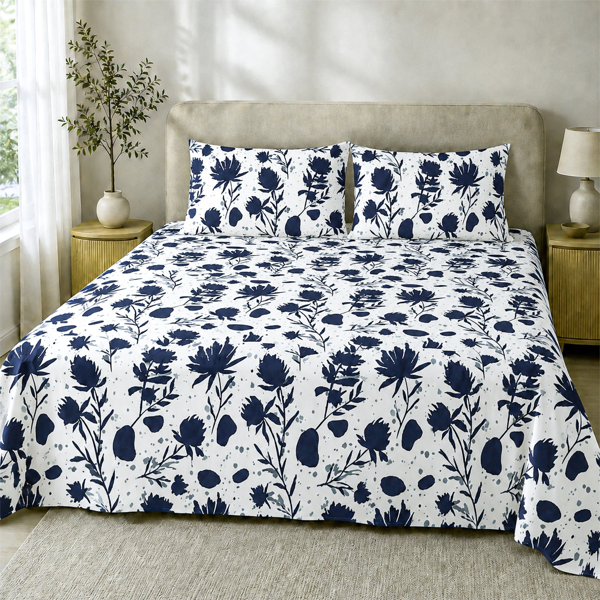 Midnight Blooms, 100% Cotton Double Bedsheet, 180 TC
