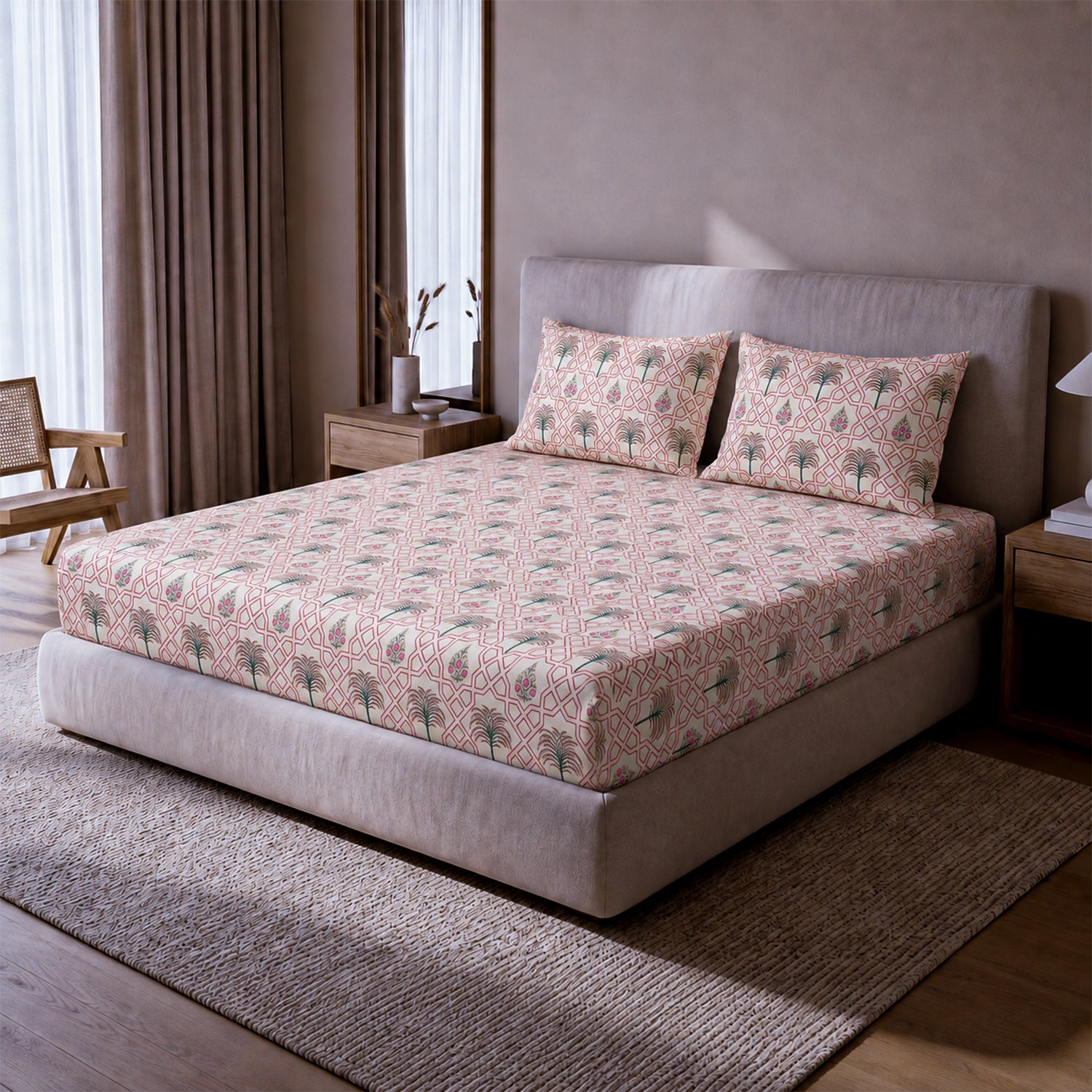 Palm Tree Jaipuri Maze in Ivory - Pink, 100% Cotton Double Bedsheet, 180 TC