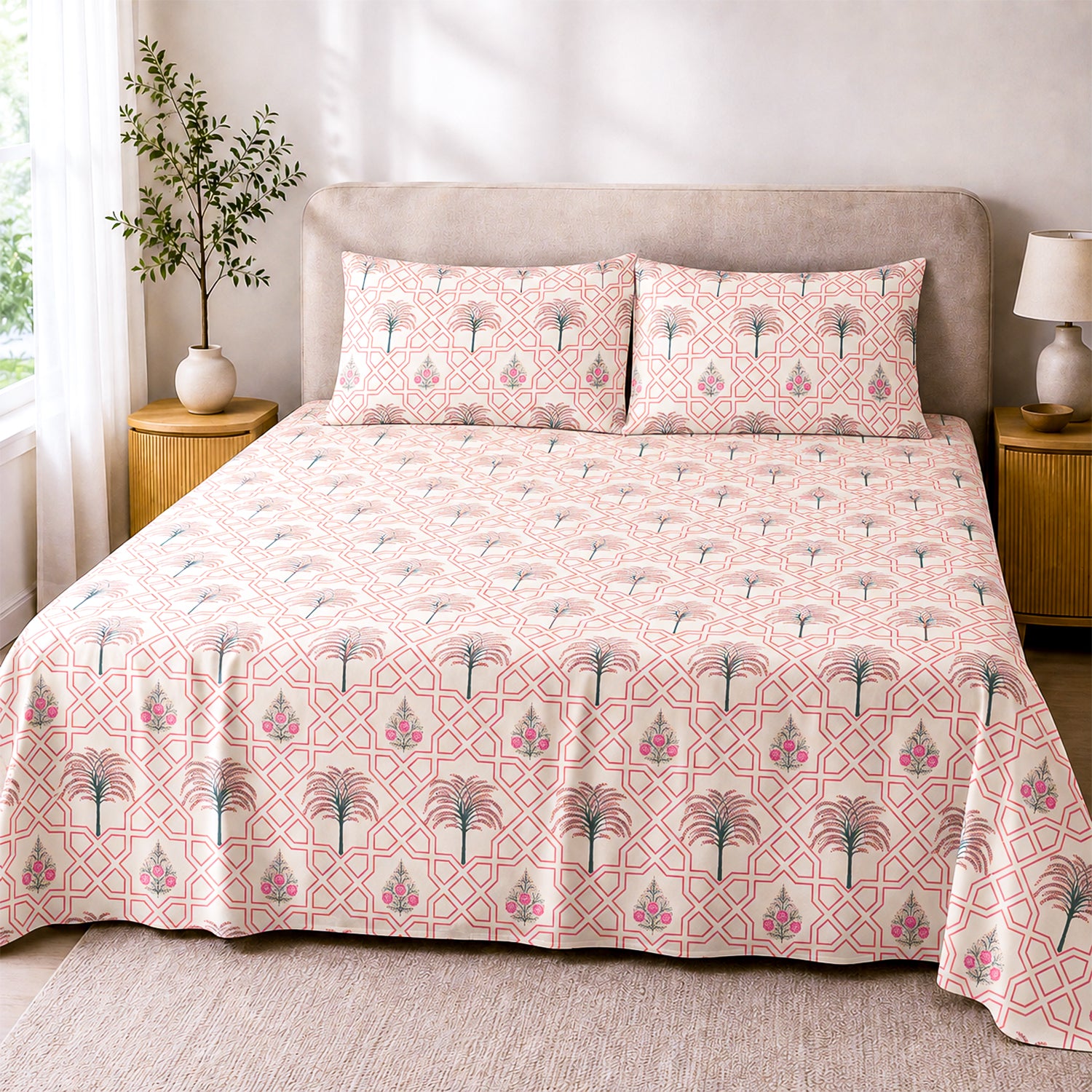 Palm Tree Jaipuri Maze in Ivory - Pink, 100% Cotton Double Bedsheet, 180 TC