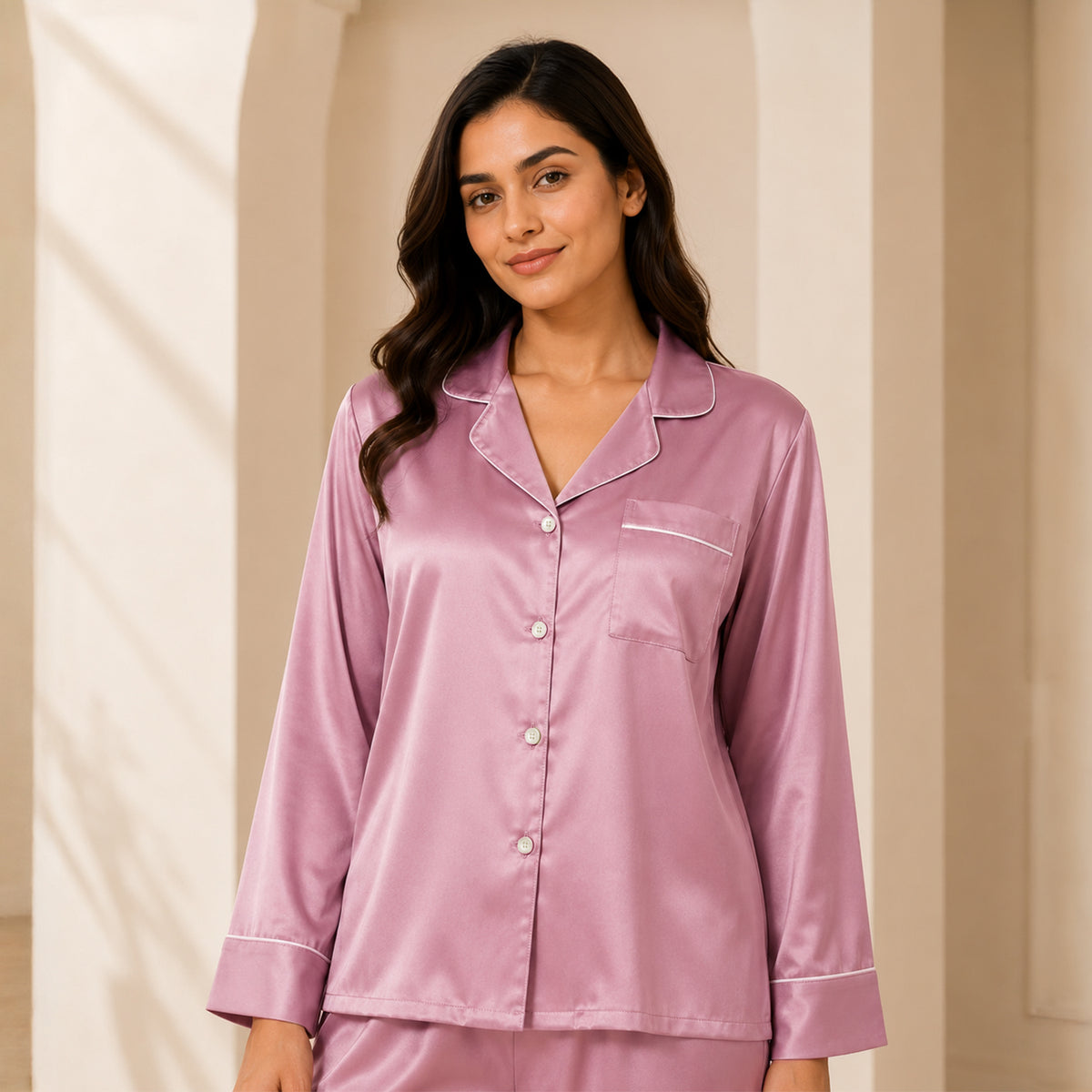 Women's Ballerina Pink Satin, Full Sleeves Shirt & Pyjama Night Set