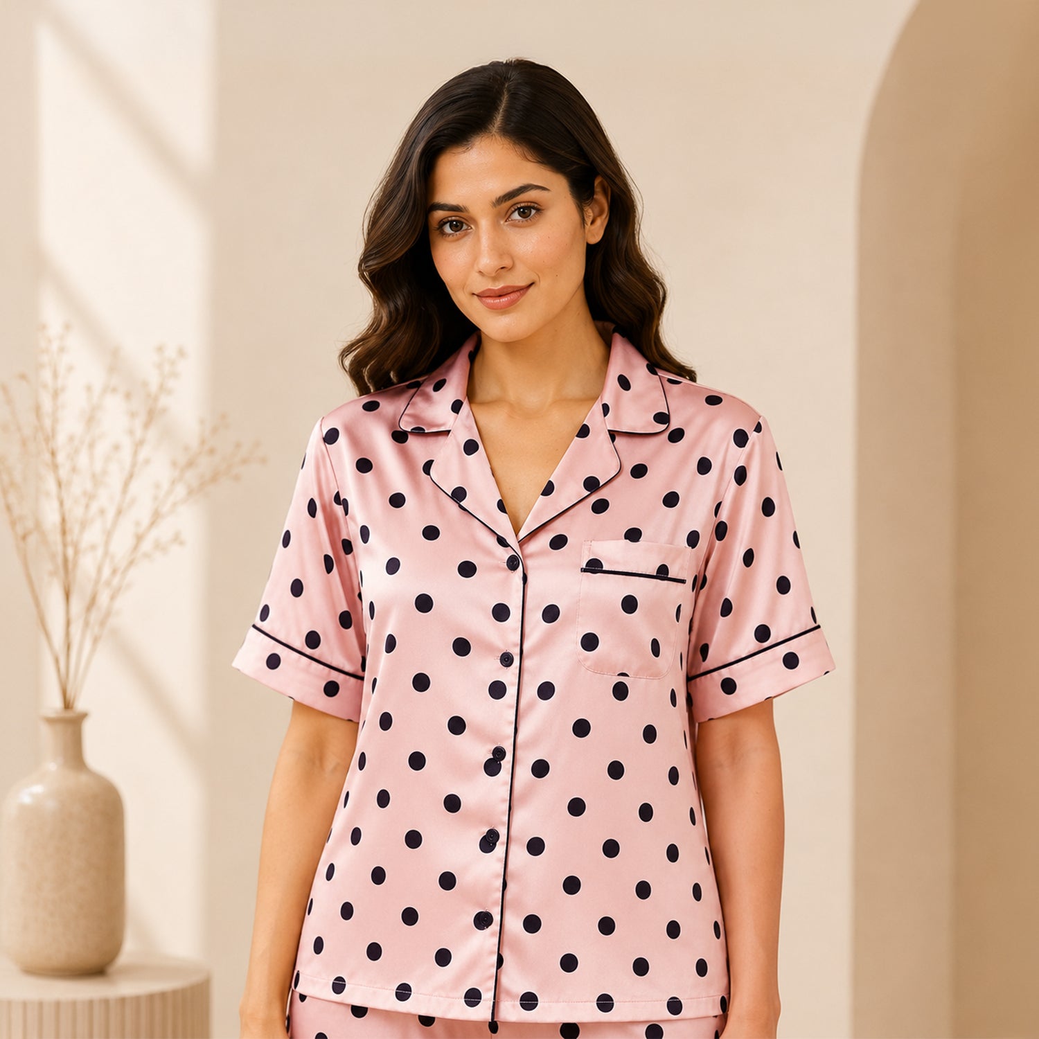 Women's Blush Pink Polka Dot Satin, Half Sleeves Shirt & Pyjama Night Set
