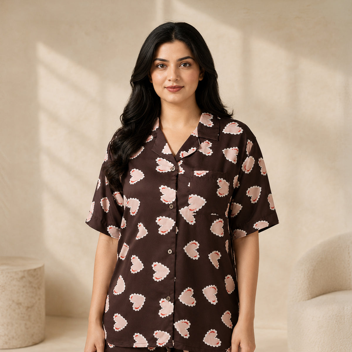 Women’s Deep Brown Inverted Scallop Hearts Printed Half Sleeve Shirt & Pajama Set